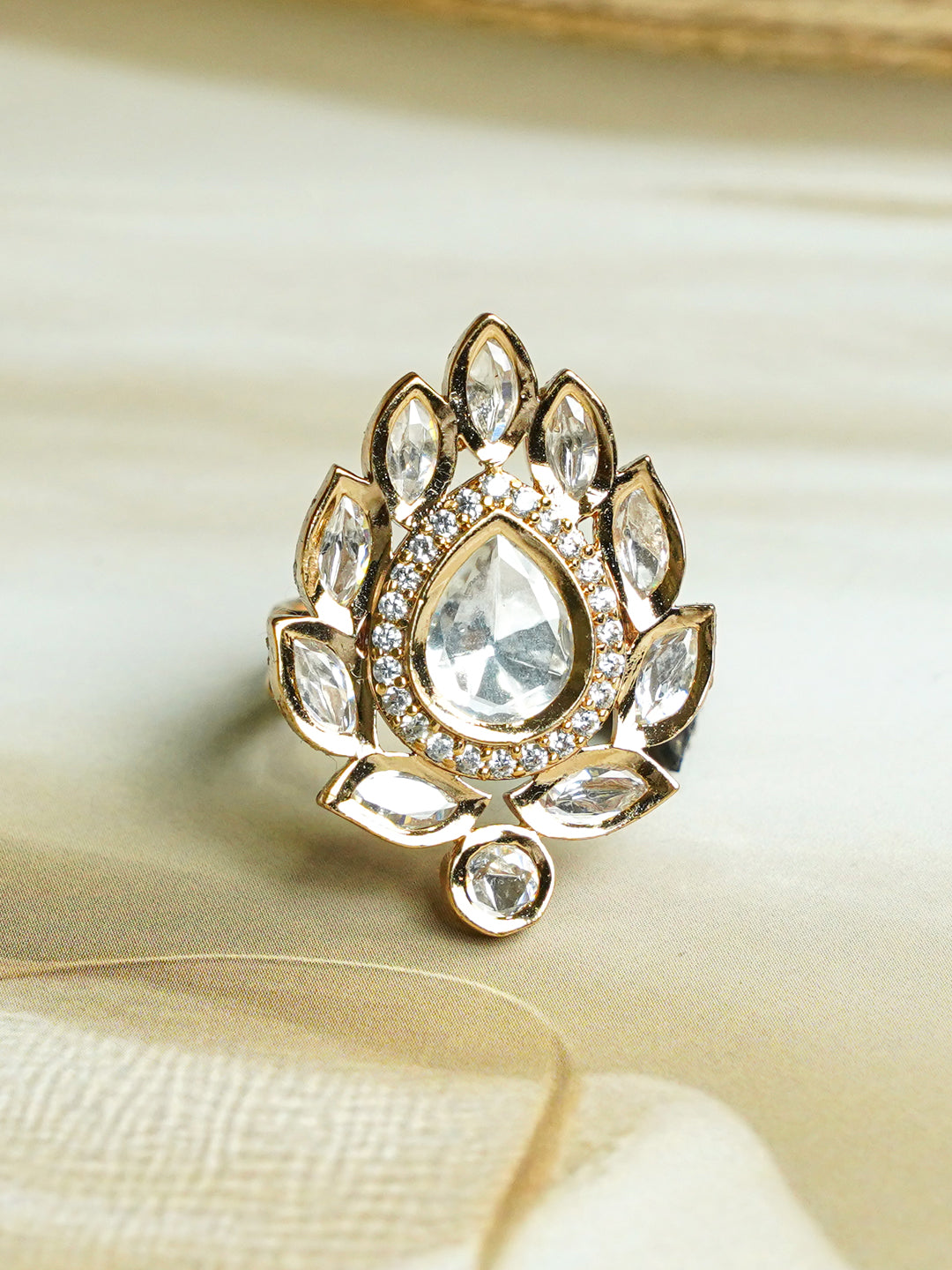 Zevar Club Gold-Toned White Kundan & Cubic Zirconia Studded Leaf Motif Adjustable Statement Ring