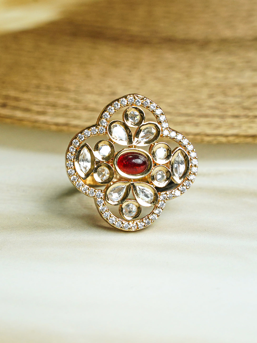 Zevar Club Gold-Toned White Kundan & Ruby Red Stone Studded Floral Adjustable Ring