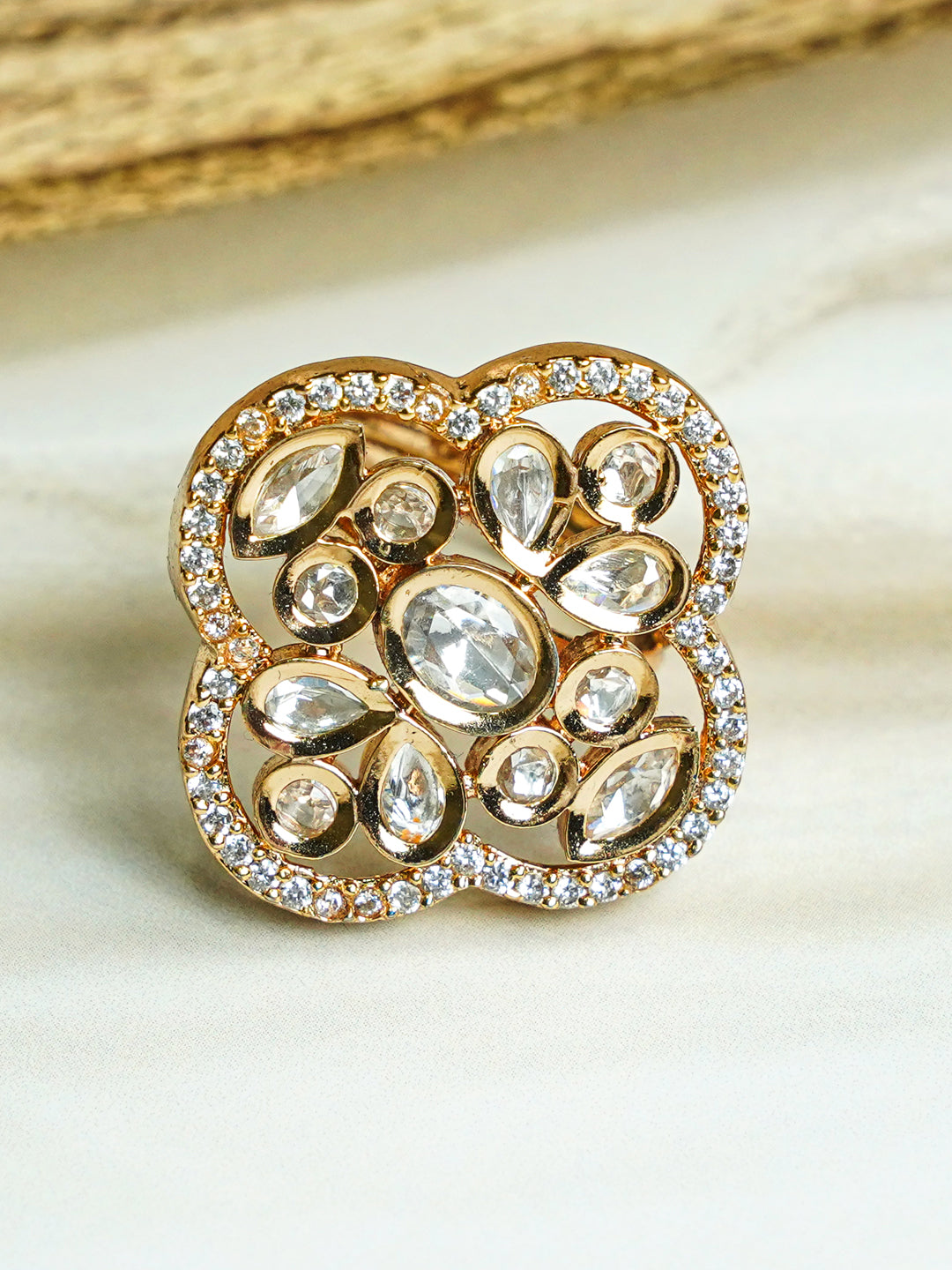 Zevar Club Gold-Toned White Kundan & Cubic Zirconia Studded Floral Adjustable Statement Ring