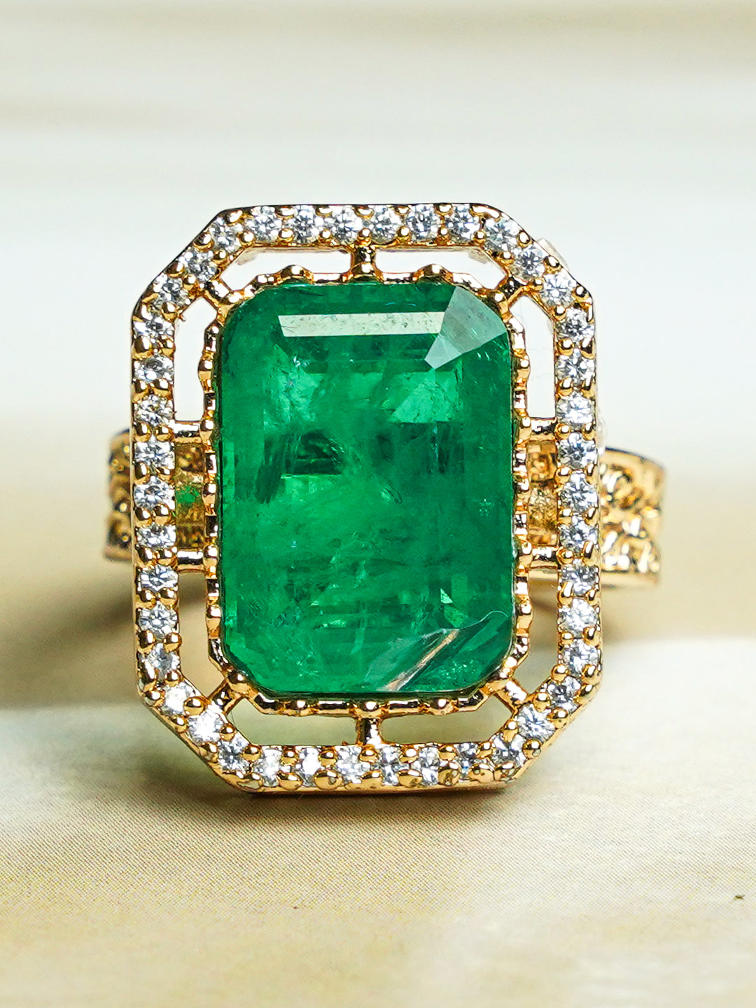Zevar Club Gold-Toned Emerald Green & Cubic Zirconia Studded Royal Statement Adjustable Ring