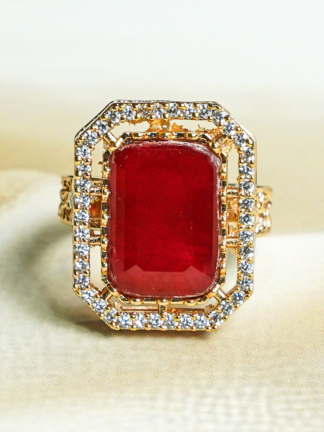 Zevar Club Gold-Toned Ruby Pink & Cubic Zirconia Studded Royal Statement Adjustable Ring