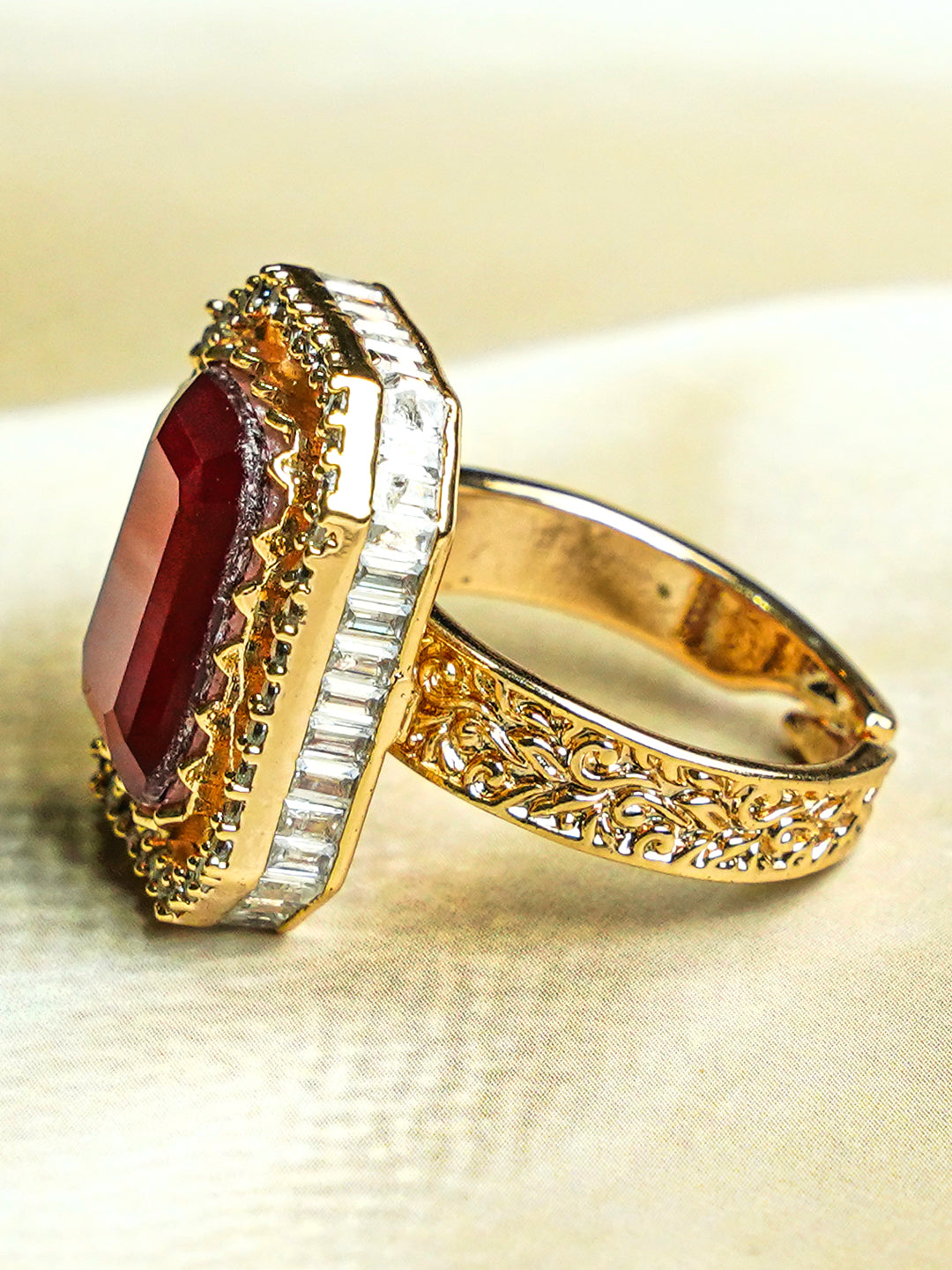 Zevar Club Gold-Toned Ruby Pink & Cubic Zirconia Studded Royal Statement Adjustable Ring