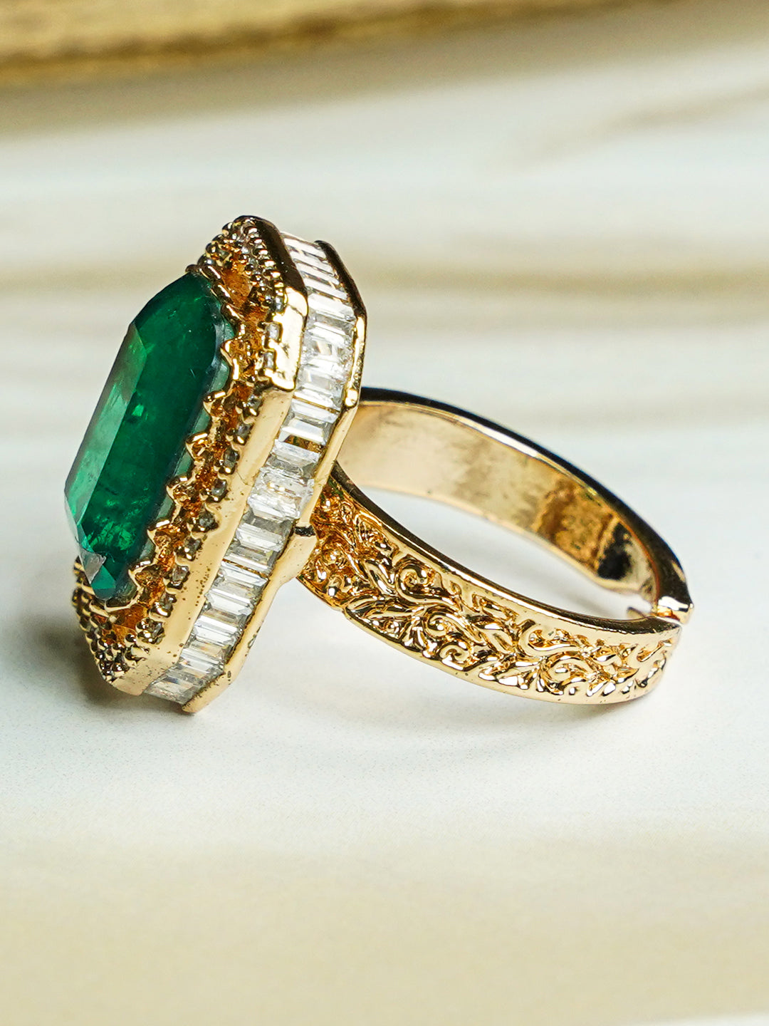 Zevar Club Gold-Toned Emerald Green & Cubic Zirconia Studded Royal Statement Adjustable Ring