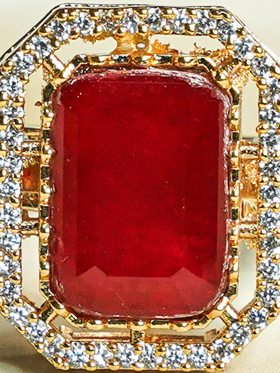 Zevar Club Gold-Toned Ruby Pink & Cubic Zirconia Studded Royal Statement Adjustable Ring