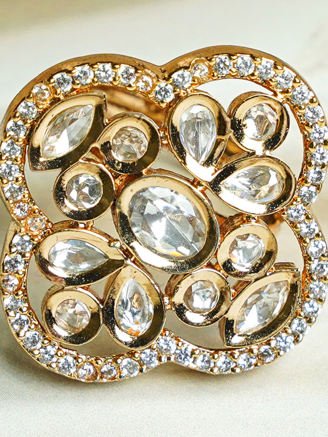 Zevar Club Gold-Toned White Kundan & Cubic Zirconia Studded Floral Adjustable Statement Ring