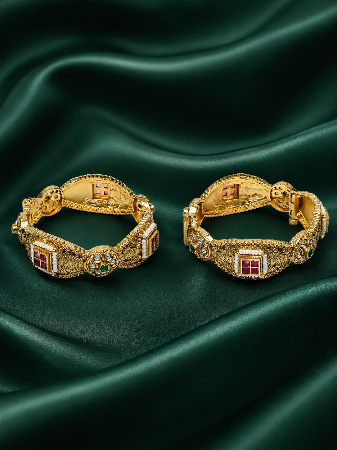 Zevar Club Set of 2 22K Gold-Plated Handcrafted Bangles with Ruby Emerald Kundan & Textured Floral Design