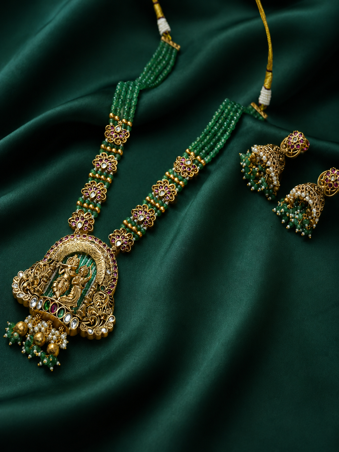 Zevar Club 22K Gold-Plated Ruby White Kundan Studded Green Beaded Krishna Radha Temple Set