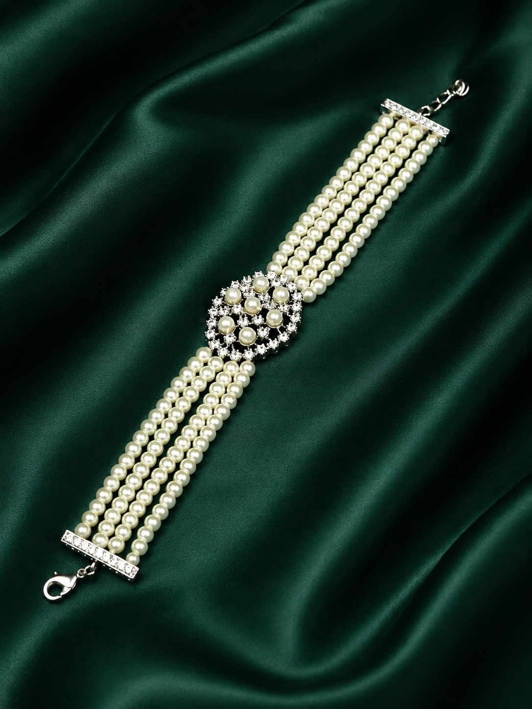 Zevar Club Handcrafted Multi-Strand Pearl Beaded Kundan Studded Floral Motif Premium Bracelet