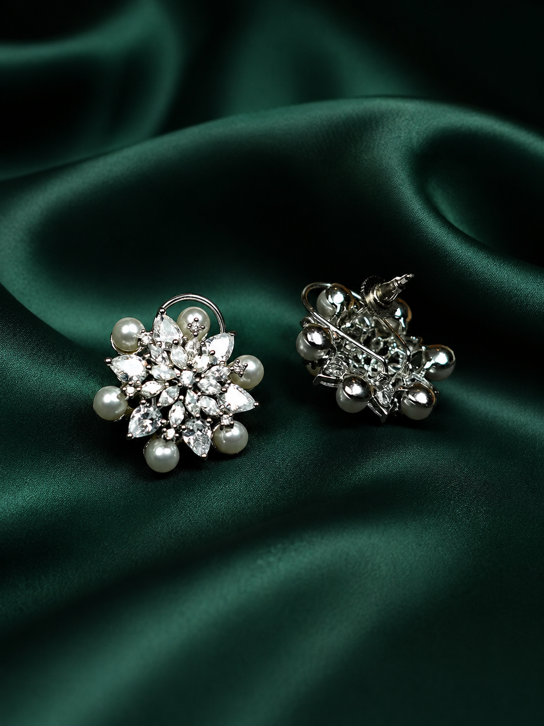 Zevar Club Rhodium-Plated Handcrafted Floral Cubic Zirconia & Pearl Stud Earrings