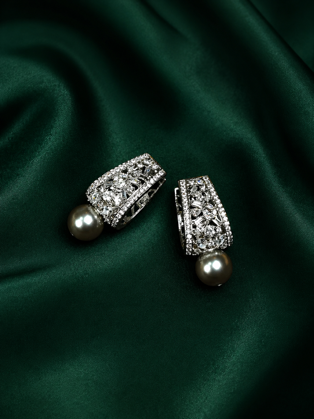 Zevar Club Rhodium-Plated Handcrafted Cubic Zirconia & Black Pearl Drop Earrings