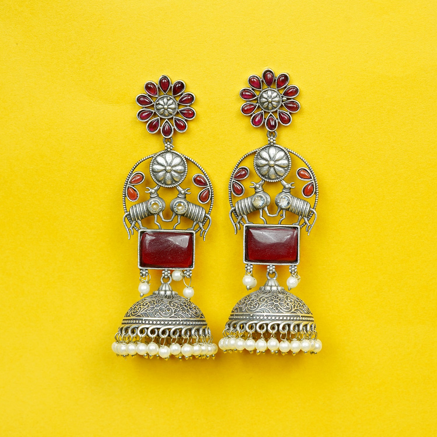 Zevar Club Oxidised Silver-Plated Ruby Pink Stone & Pearl Beaded Floral Jhumkis Earrings