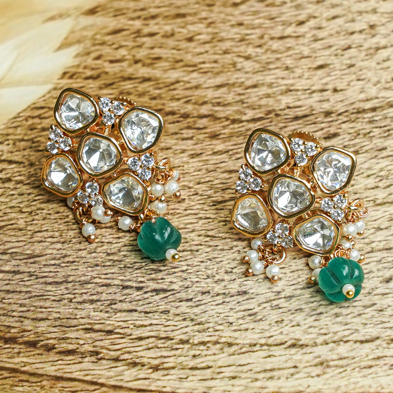 Zevar Club 12K Gold-Plated Rhombus Pastel Green Kundan Drop Earrings