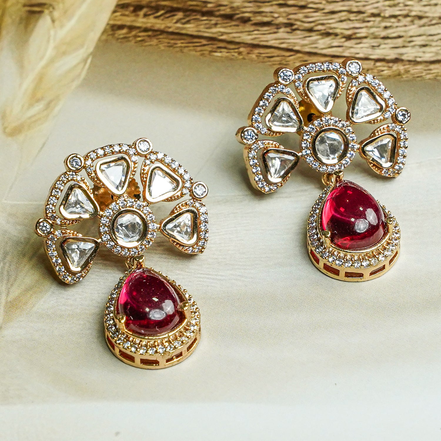 Zevar Club 12K Gold-Plated Raani Ruby Kundan Diamond Drop Earrings