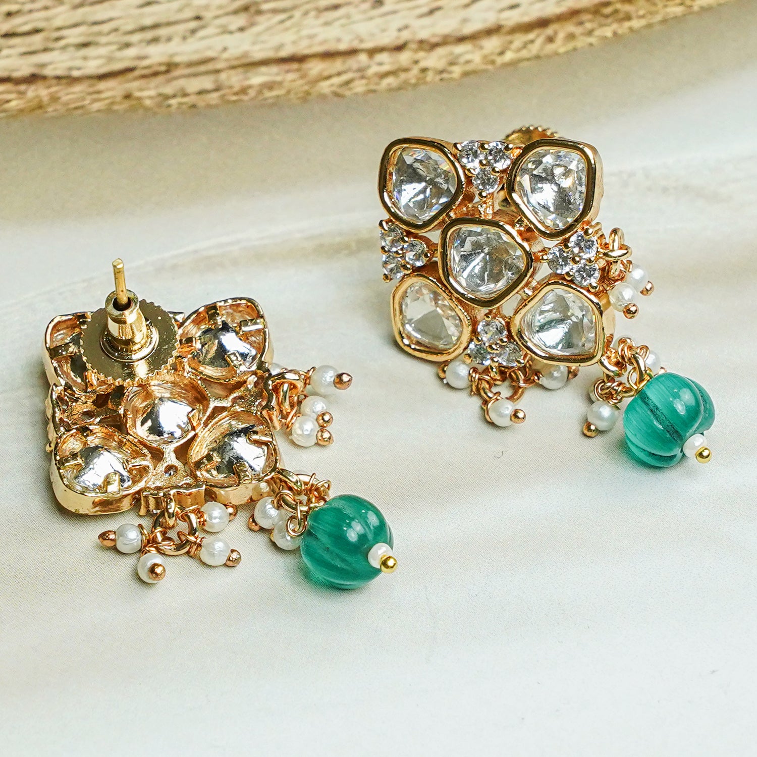 Zevar Club 12K Gold-Plated Rhombus Pastel Green Kundan Drop Earrings