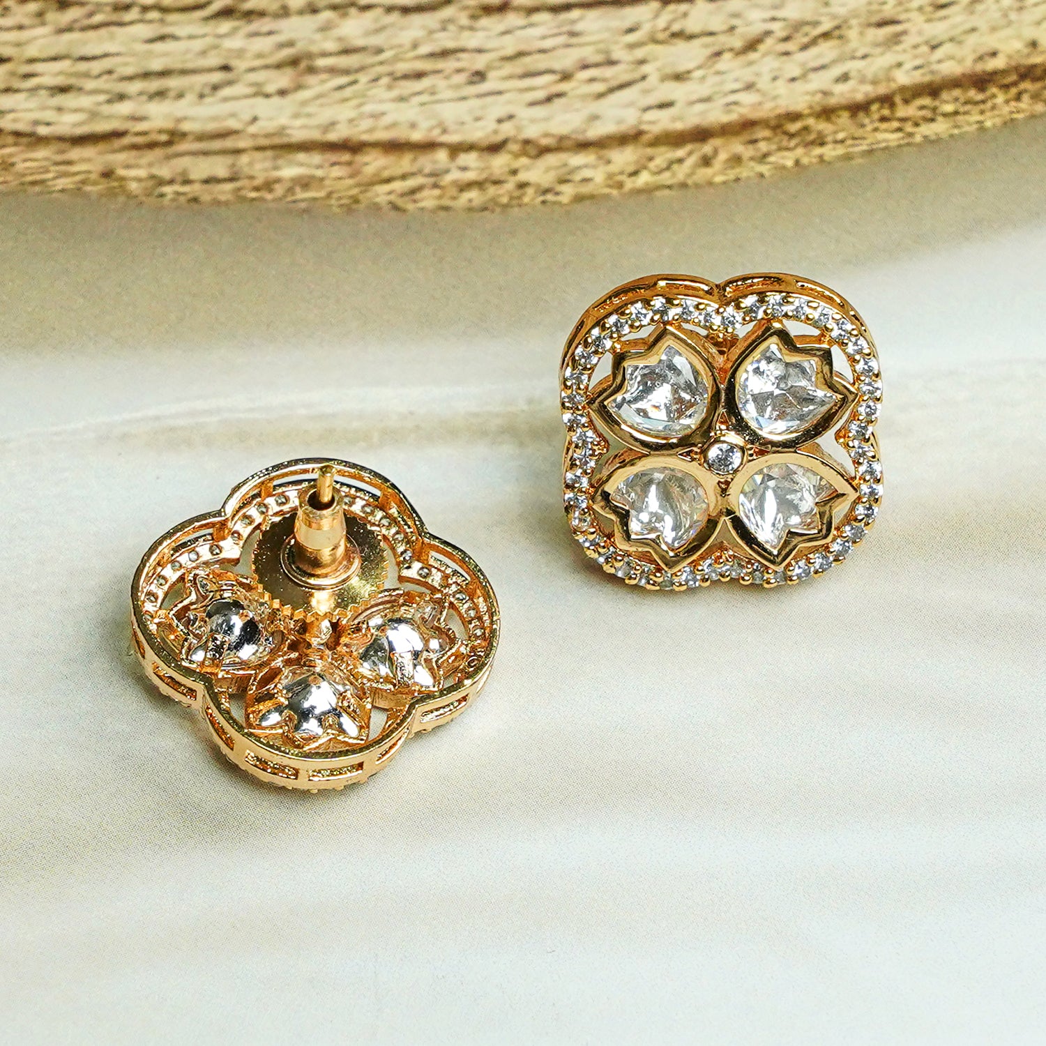 Zevar Club 12K Gold-Plated Lotus Kundan Diamond Studs