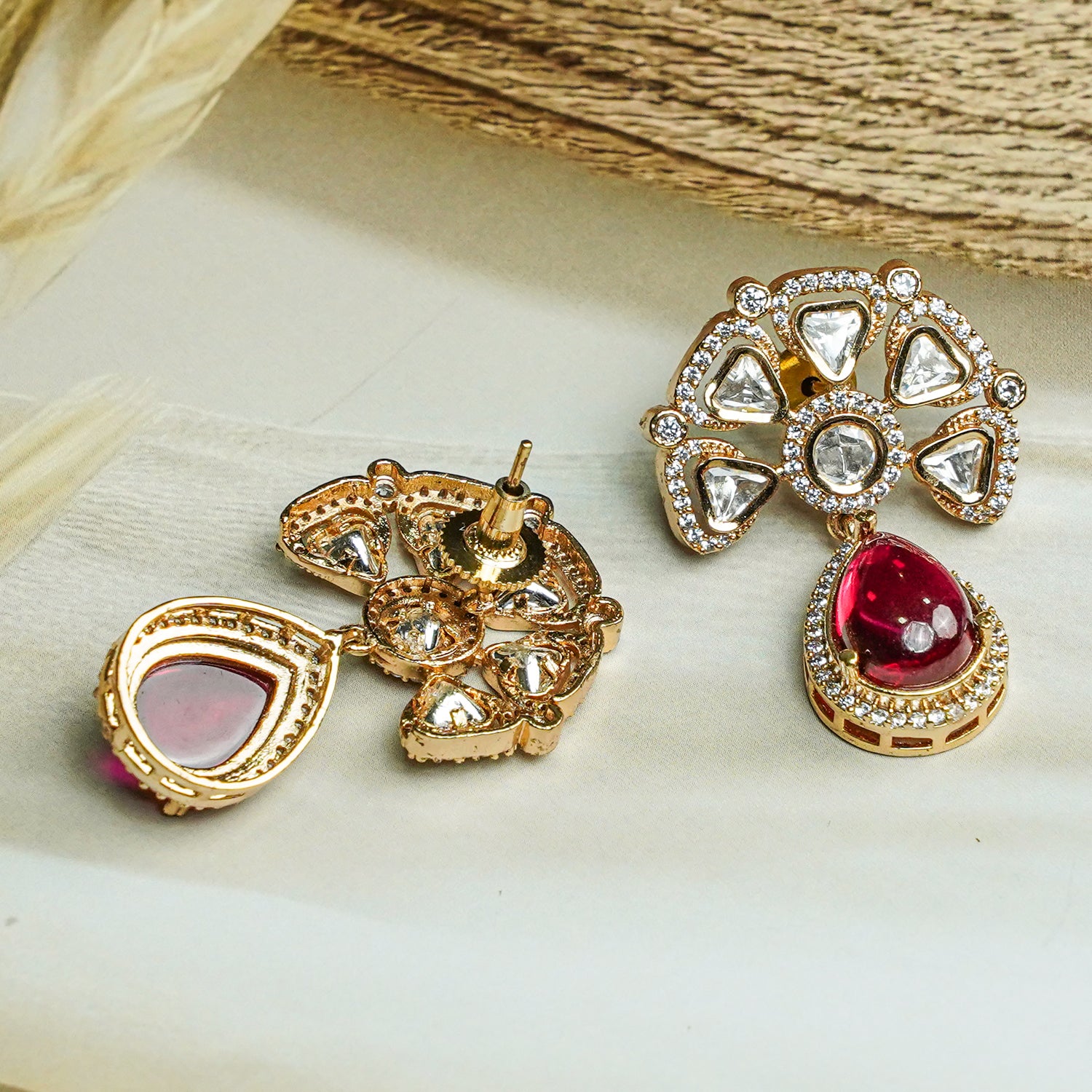 Zevar Club 12K Gold-Plated Raani Ruby Kundan Diamond Drop Earrings