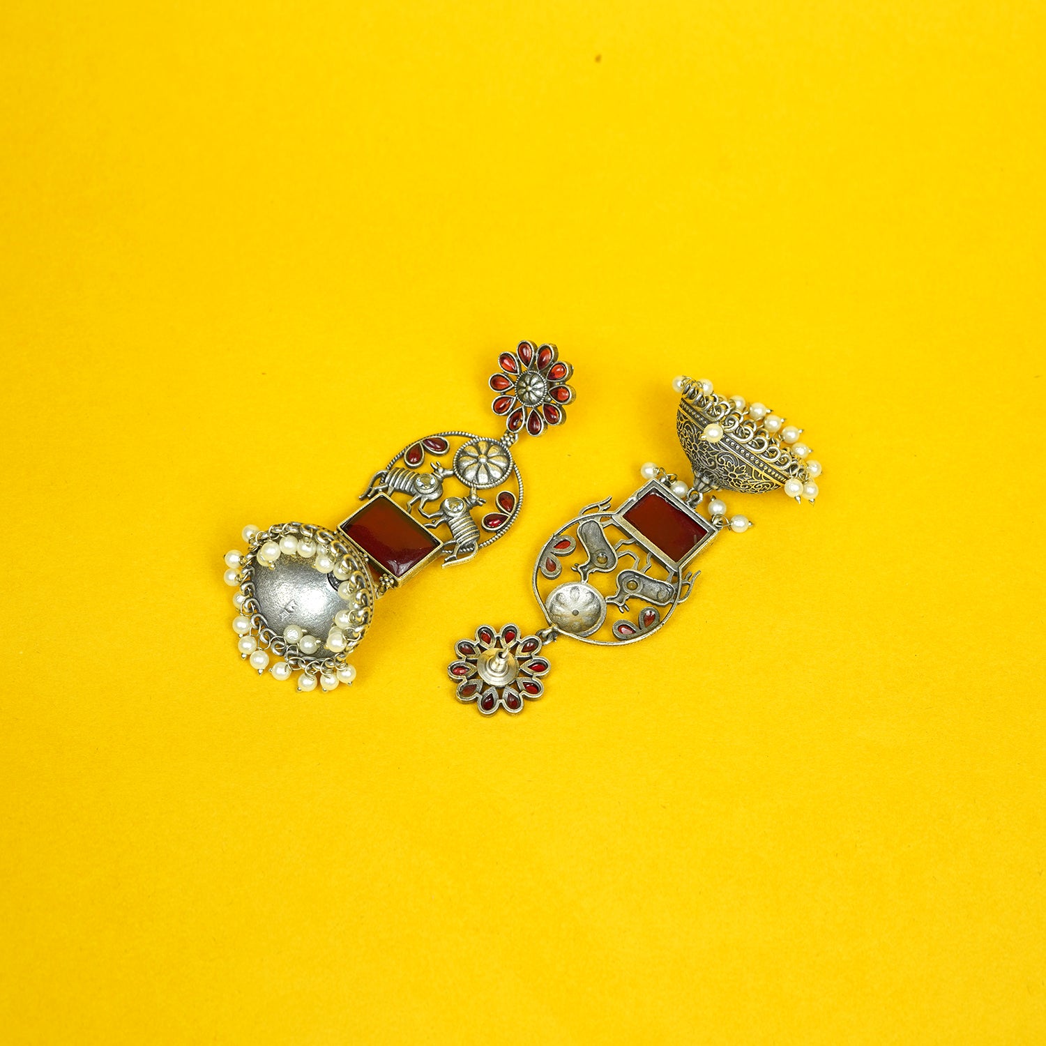 Zevar Club Oxidised Silver-Plated Ruby Pink Stone & Pearl Beaded Floral Jhumkis Earrings