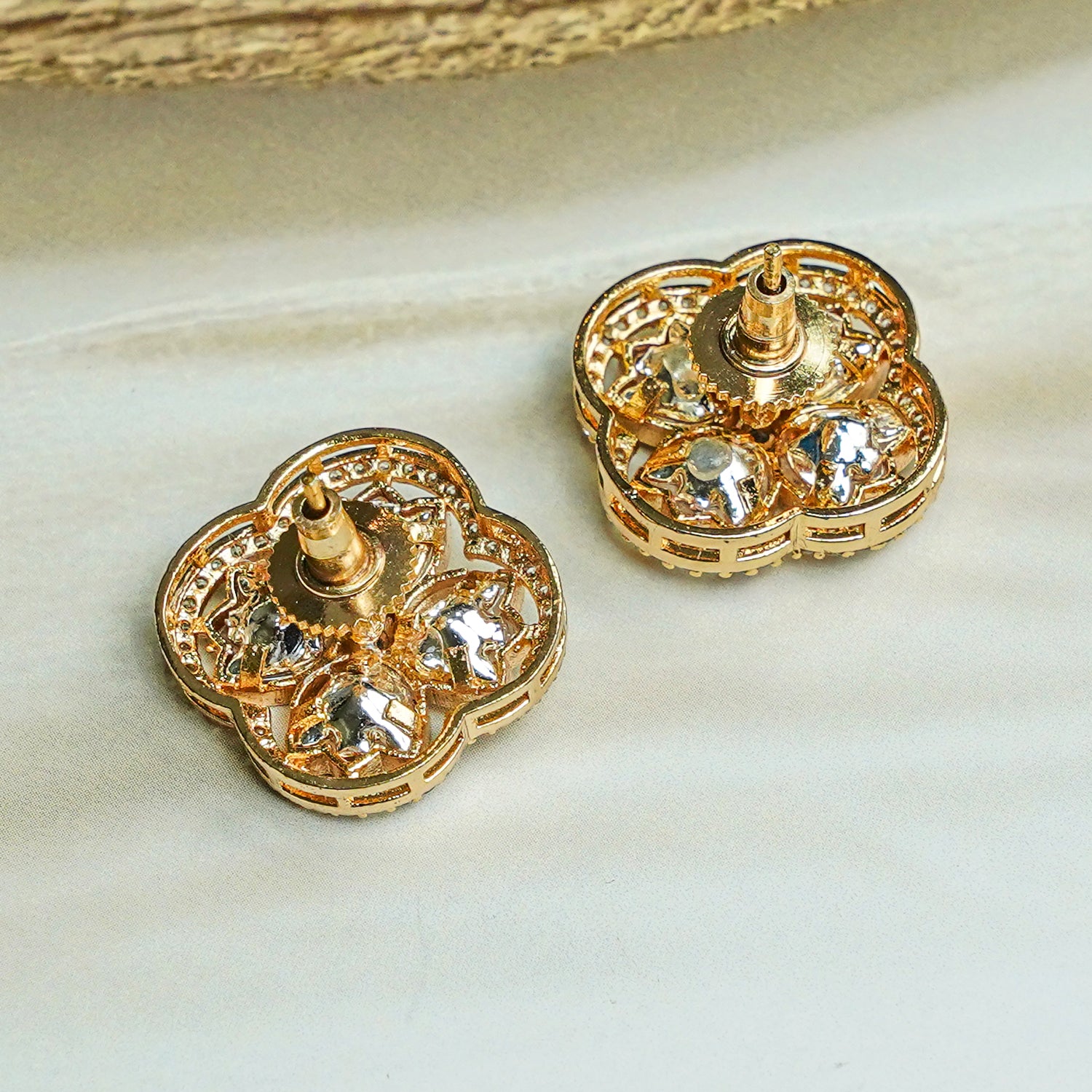 Zevar Club 12K Gold-Plated Lotus Kundan Diamond Studs