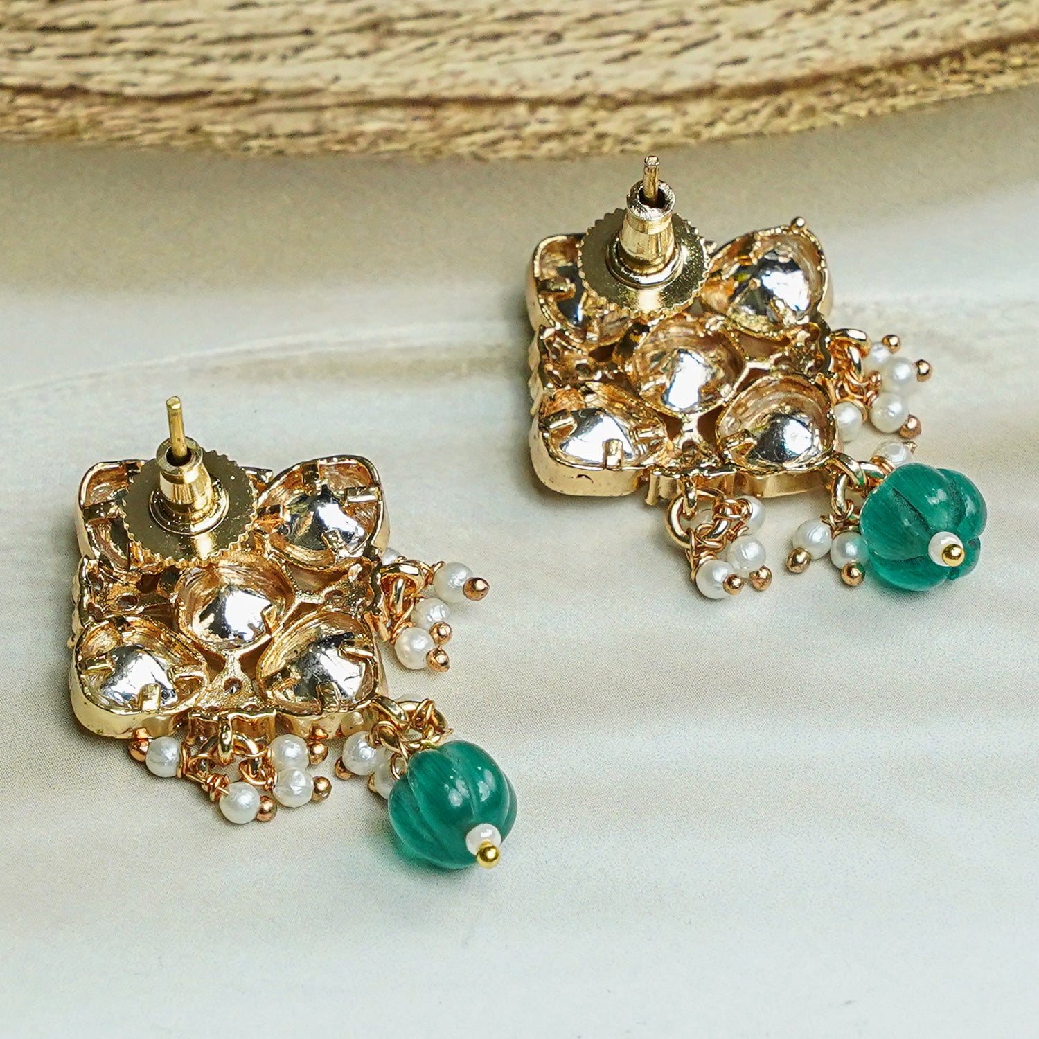 Zevar Club 12K Gold-Plated Rhombus Pastel Green Kundan Drop Earrings