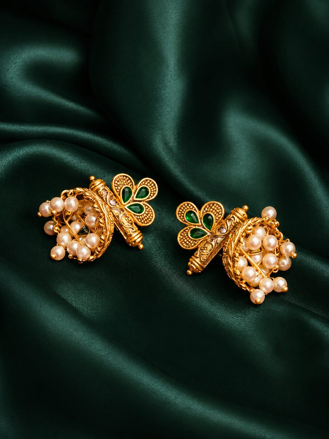 Zevar Club 18K Gold-Plated Red Stone Studded Dome Jhumka Earrings with Pearl Danglers