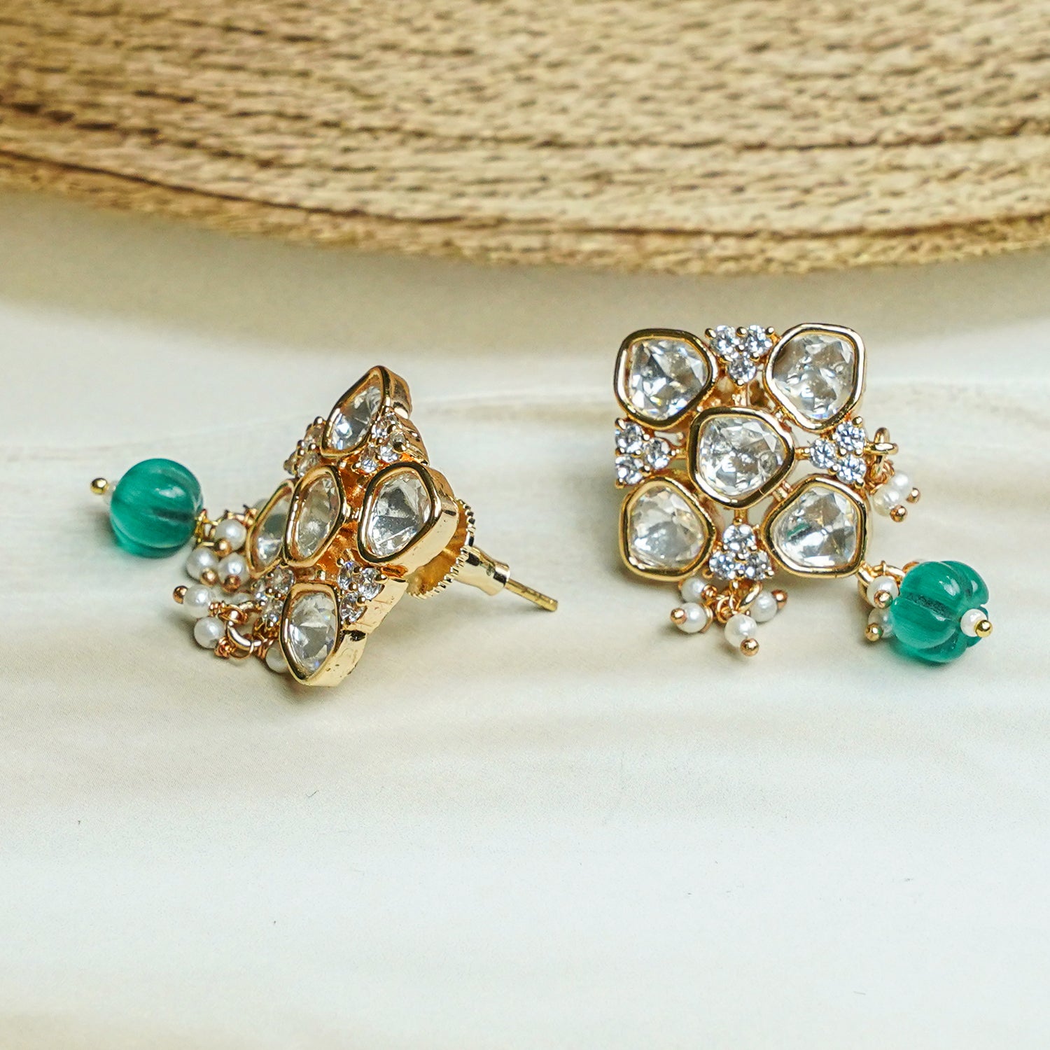 Zevar Club 12K Gold-Plated Rhombus Pastel Green Kundan Drop Earrings