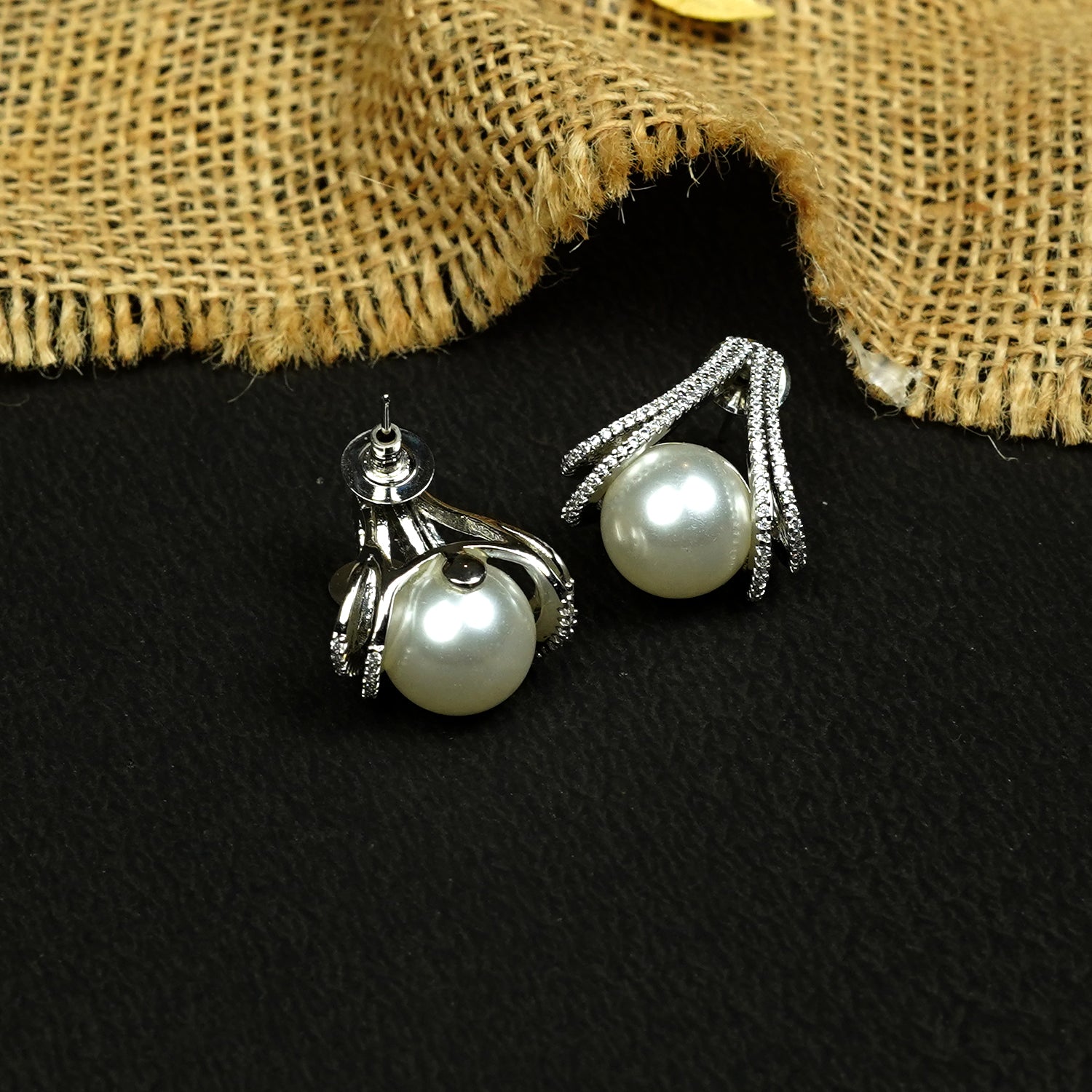 Zevar Club Rhodium-Plated Cubic Zirconia & White Pearl Sculpted Swirl Stud Earrings