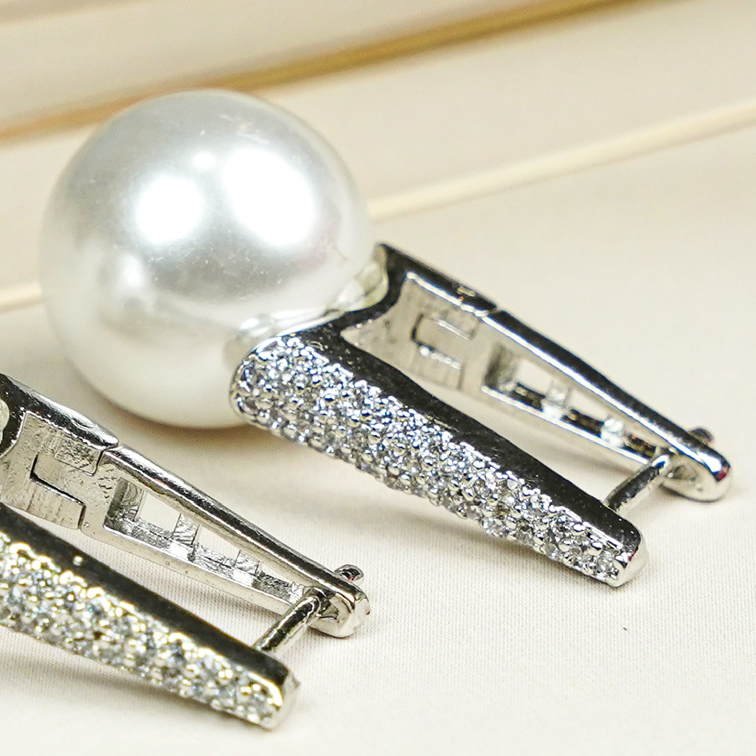 Zevar Club Rhodium-Plated Handcrafted Pointed Cubic Zirconia Top & Glossy Pearl Drop Earrings