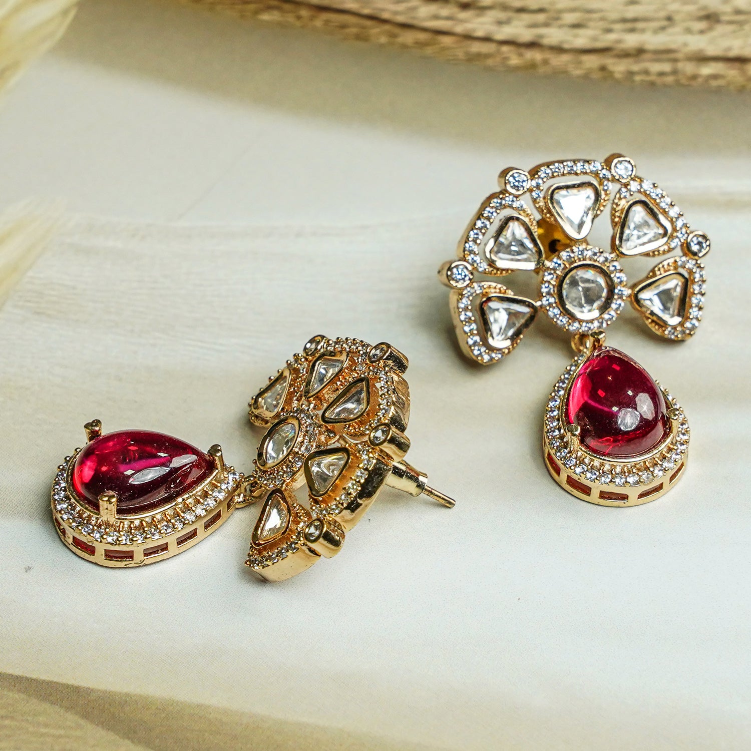 Zevar Club 12K Gold-Plated Raani Ruby Kundan Diamond Drop Earrings