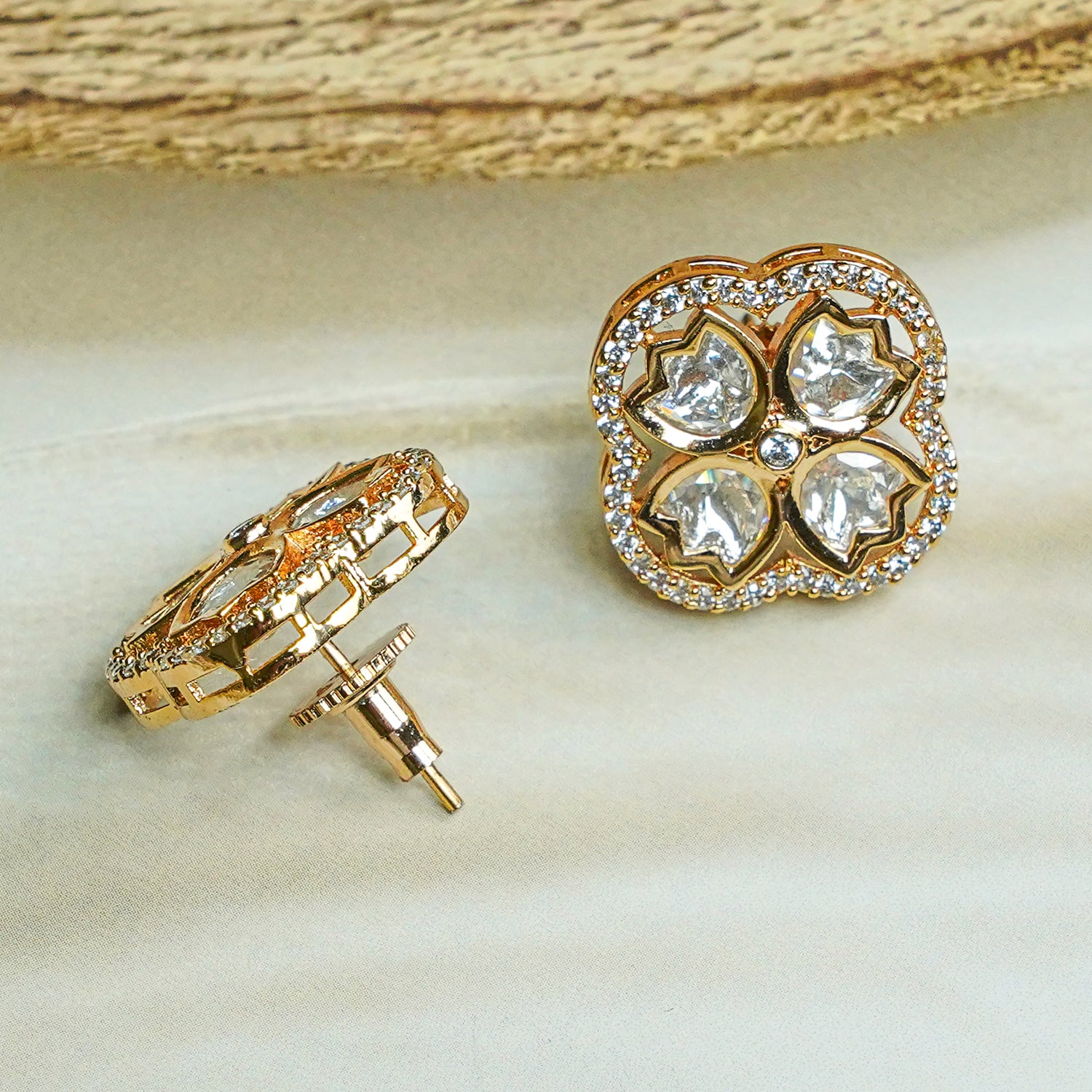 Zevar Club 12K Gold-Plated Lotus Kundan Diamond Studs