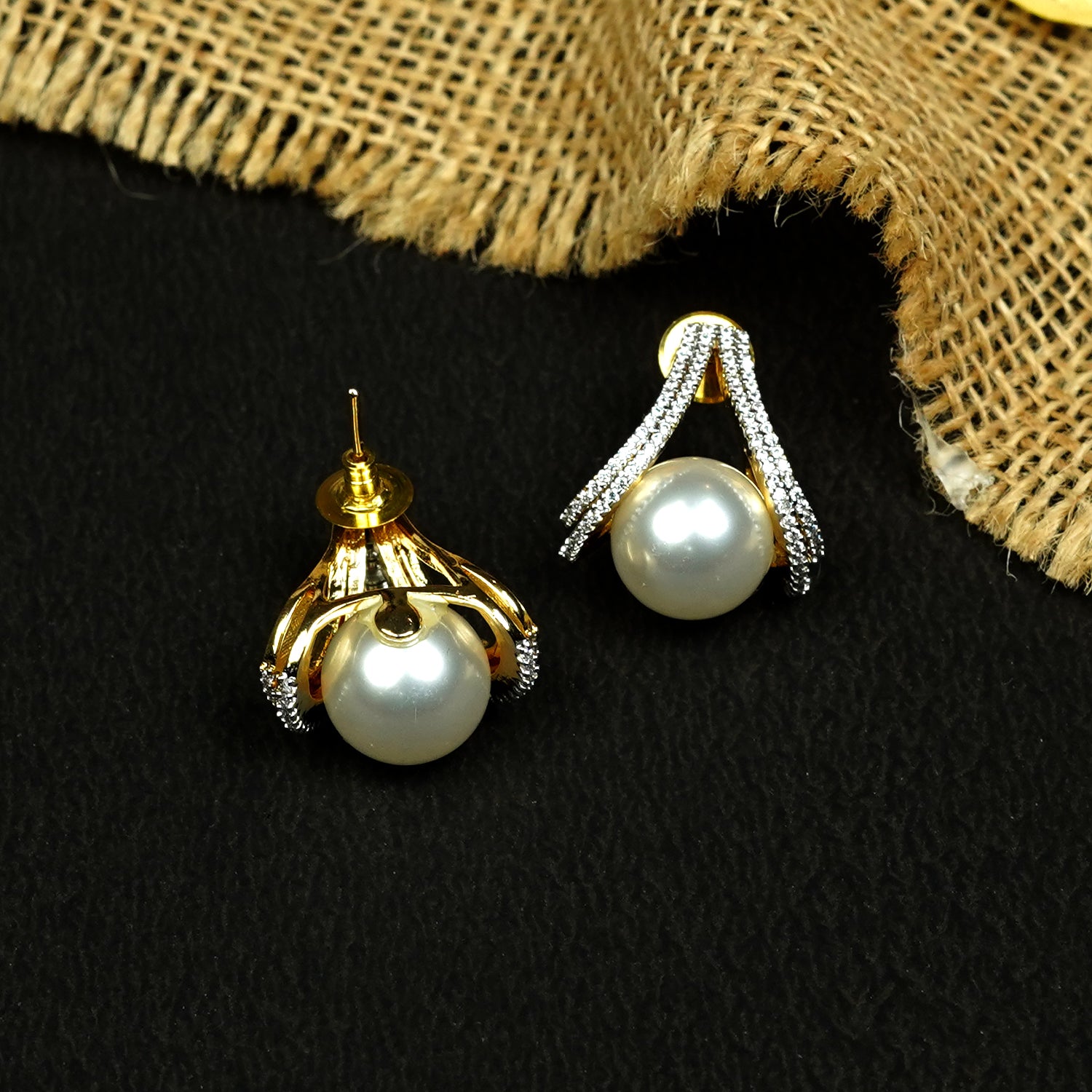 Zevar Club 18K Gold-Plated Cubic Zirconia & White Pearl Sculpted Swirl Stud Earrings