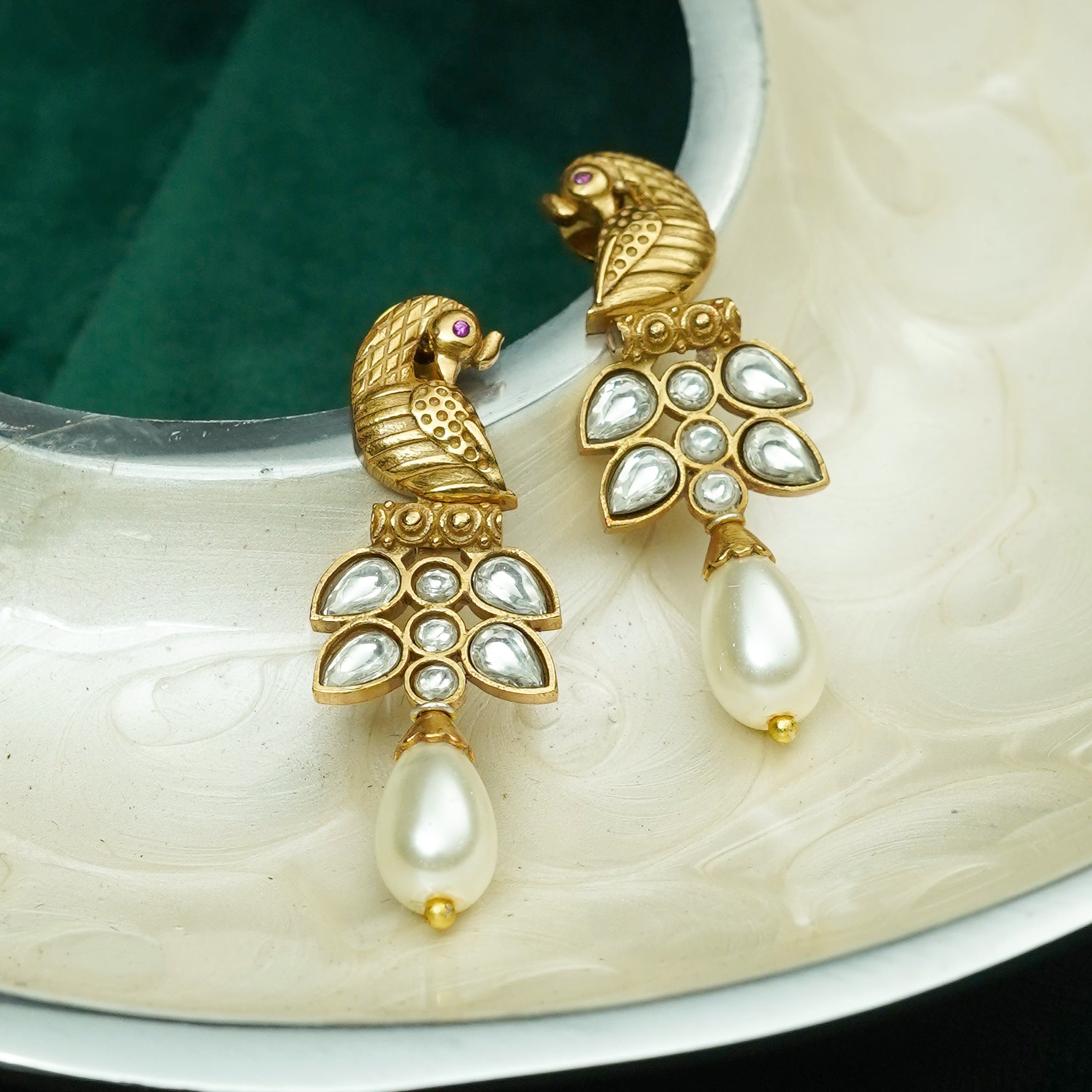 Peacock Kundan Antique Gold Drop Earrings