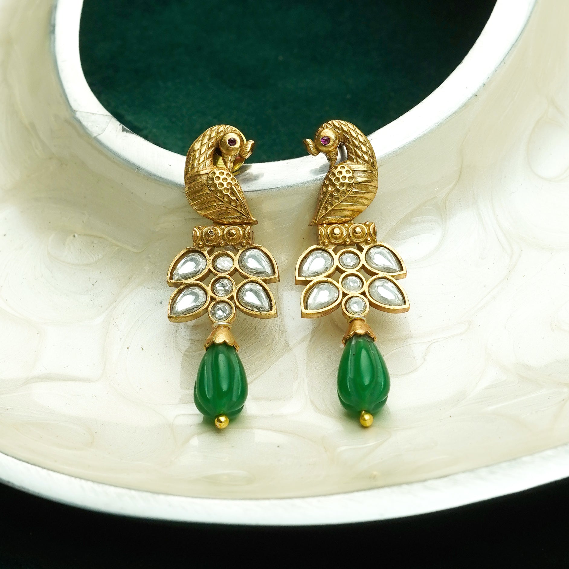 Peacock Kundan Antique Gold Drop Earrings
