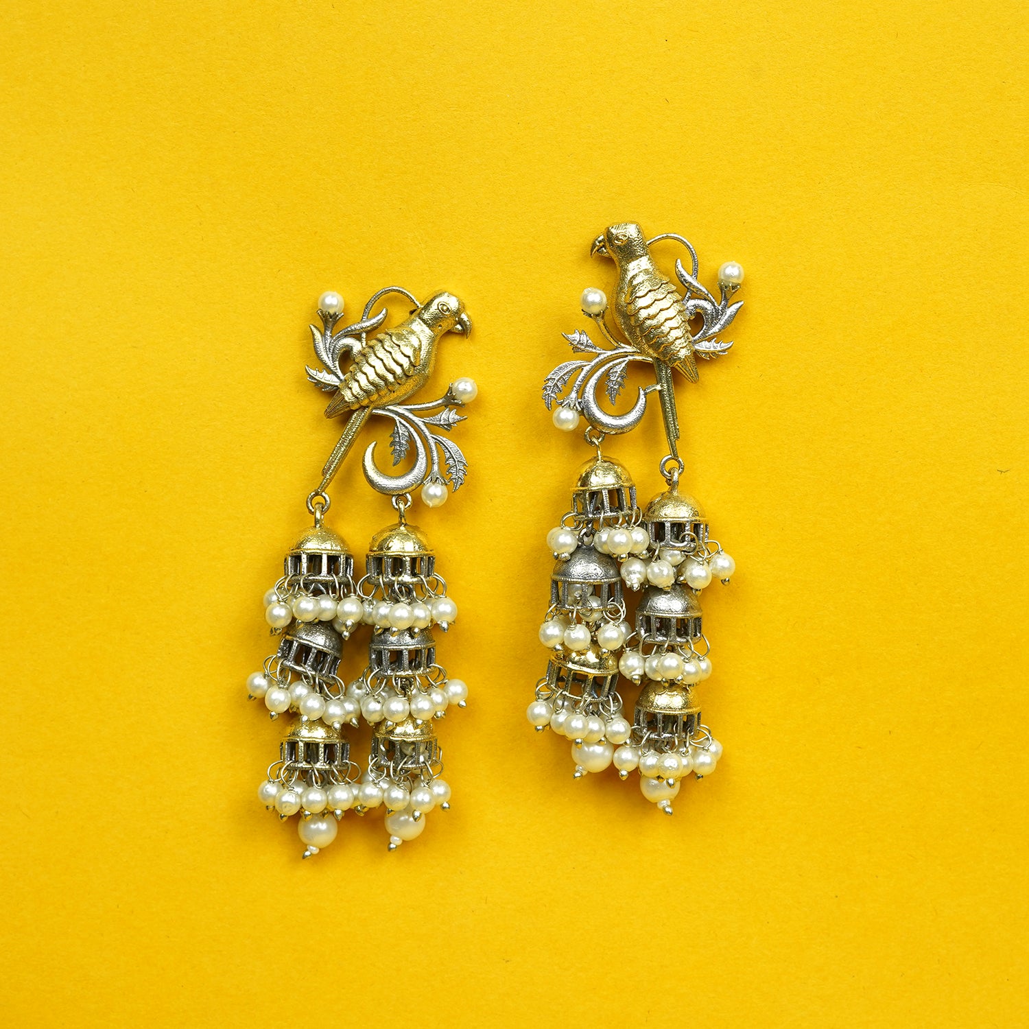 Zevar Club Gold & Rhodium-Plated Dual-Tone Parrot Birds Motif Multi-Jhumka Earrings with White Pearls