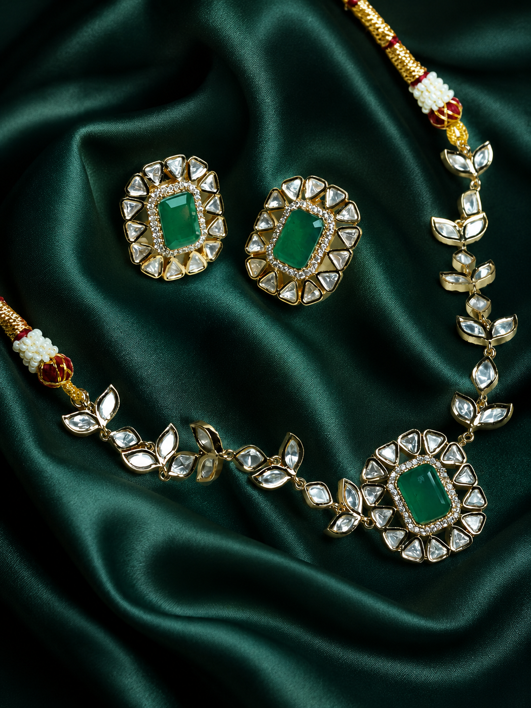 Zevar Club 18K Gold-Plated Emerald Green & White Kundan with Cubic Zirconia Accents Royal Statement Jewellery Set