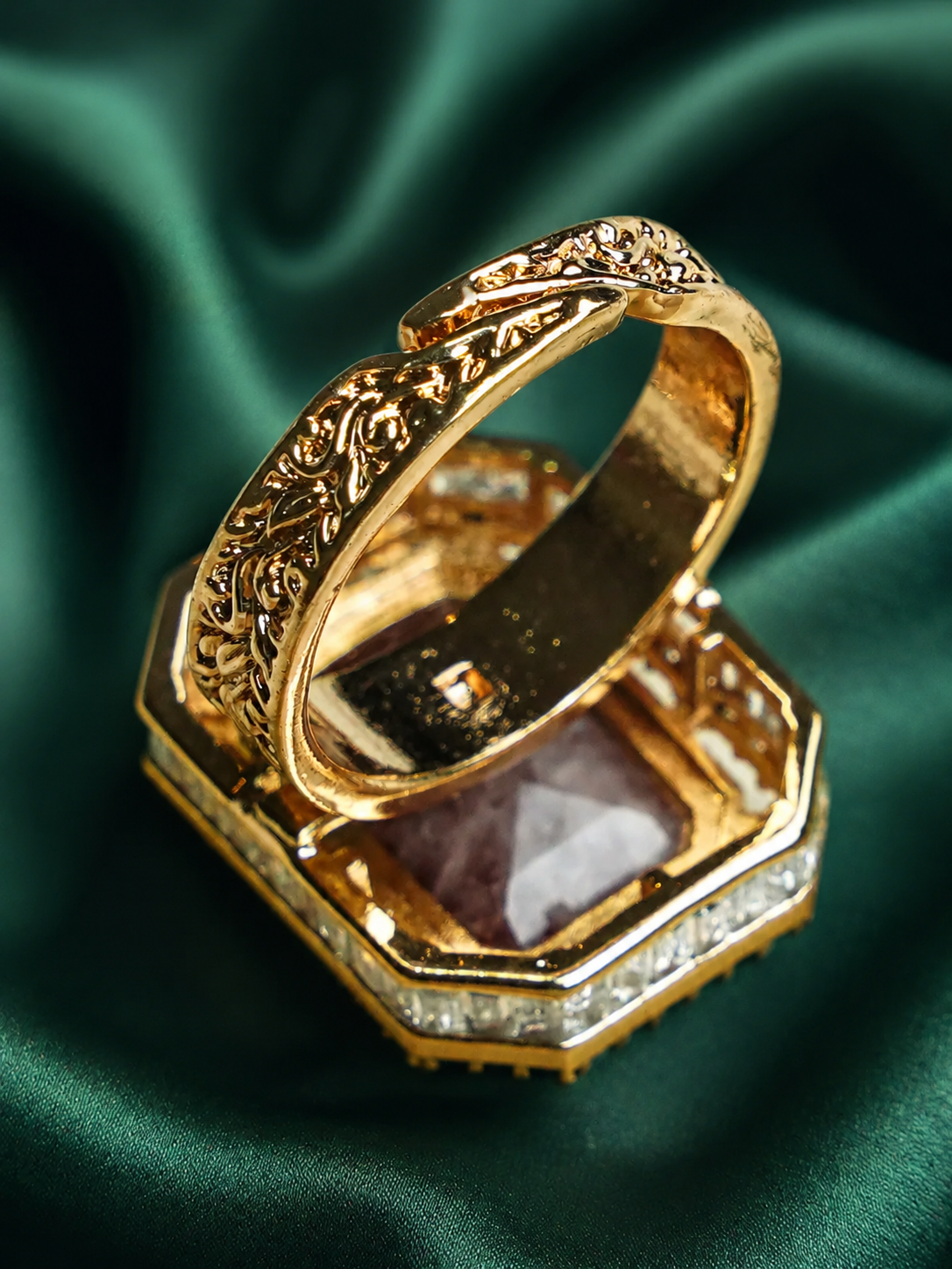 Zevar Club Gold-Toned Ruby Pink & Cubic Zirconia Studded Royal Statement Adjustable Ring