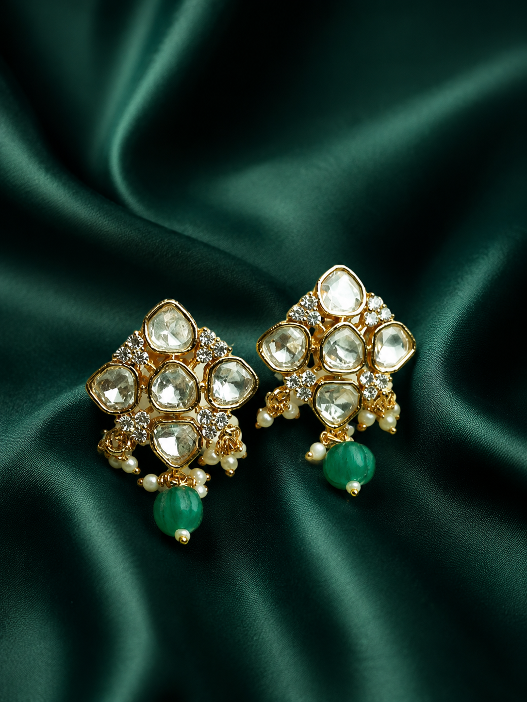 Zevar Club 12K Gold-Plated Rhombus Pastel Green Kundan Drop Earrings