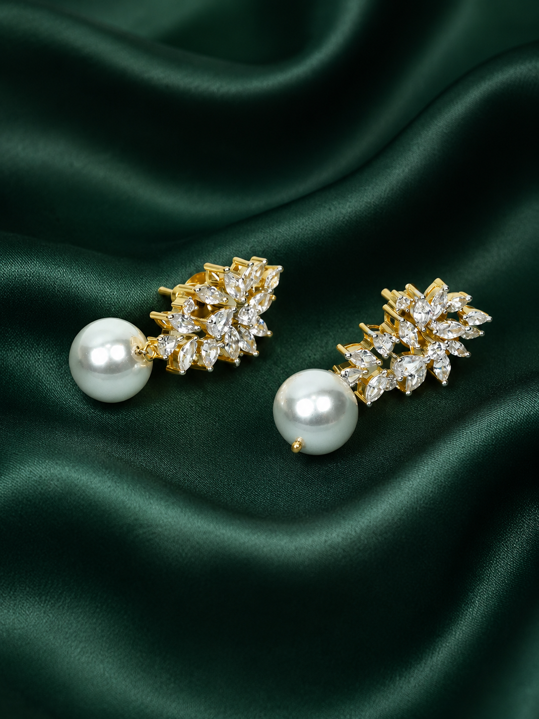 Zevar Club 22K Gold-Plated Handcrafted Cubic Zirconia & Pearl Studded Leaf Design Earrings