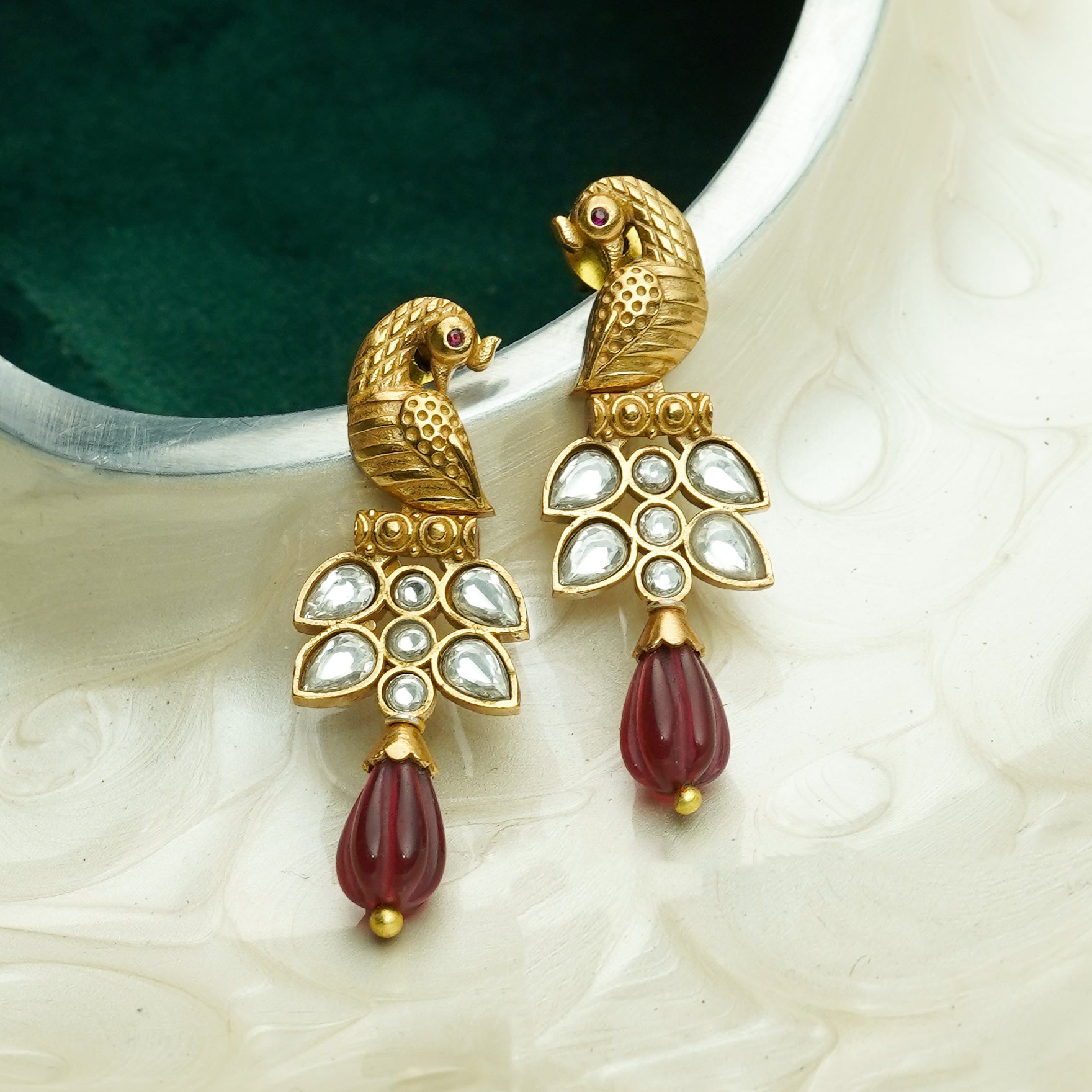 Peacock Kundan Antique Gold Drop Earrings