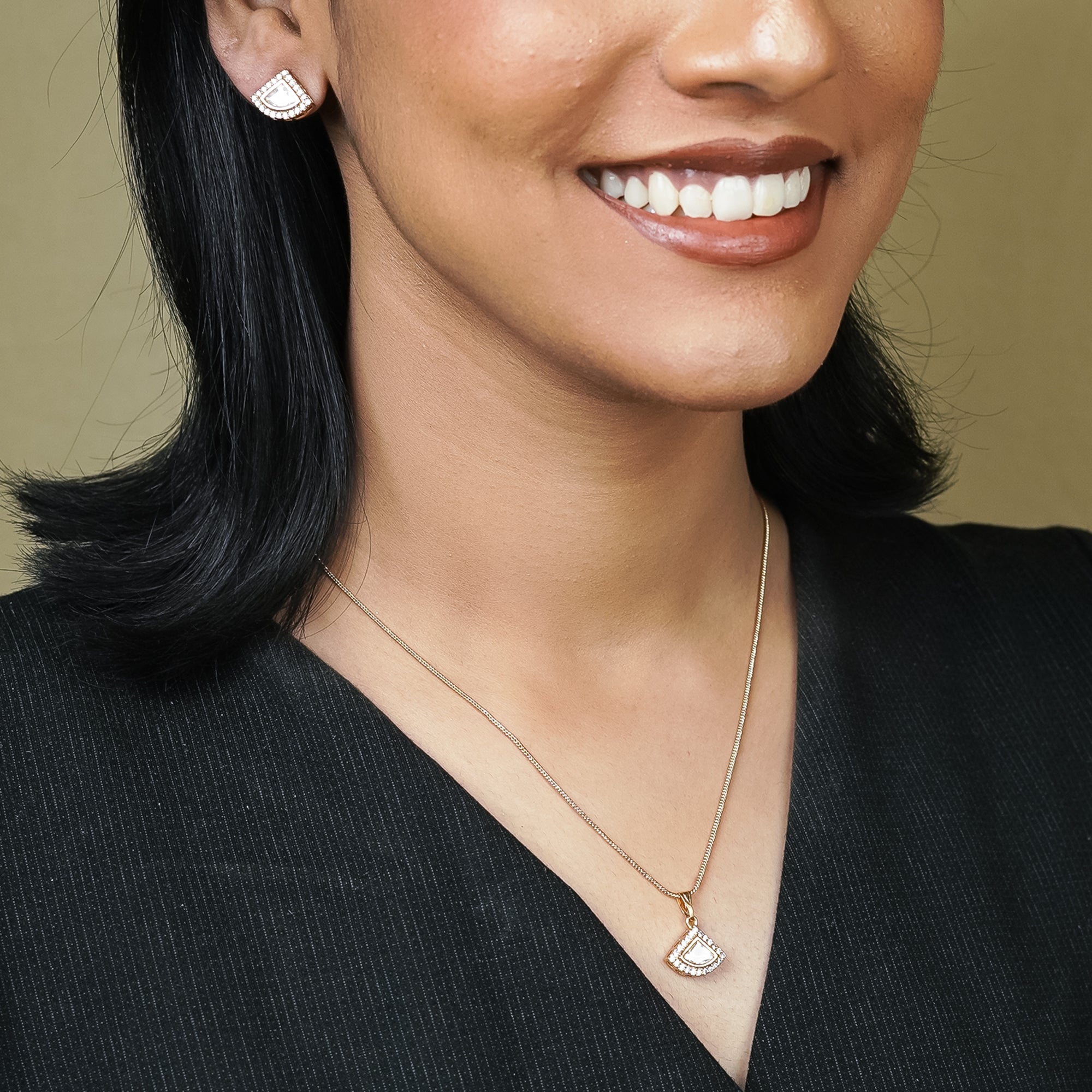 Zevar Club 22K Gold-Plated Cubic Zirconia Studded Geometric Pendant Necklace Set for Women