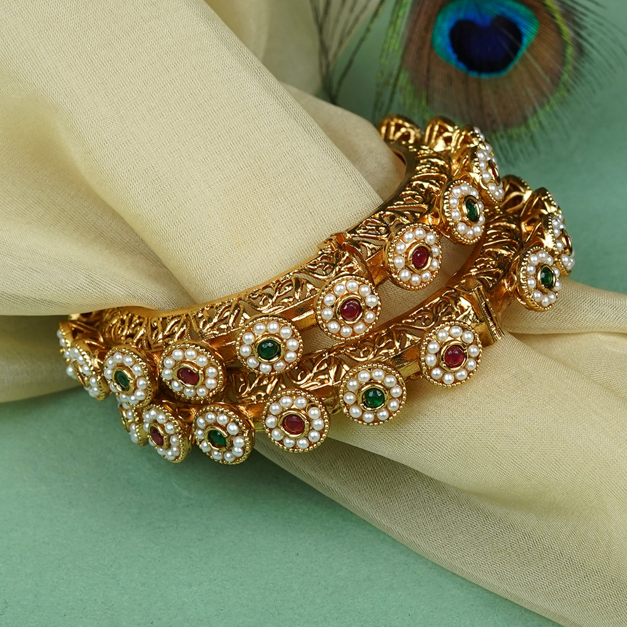 Zevar Club Set of 2 22K Gold-Plated Handcrafted Bangles with Ruby Emerald Kundan Floral & Pearl Accents