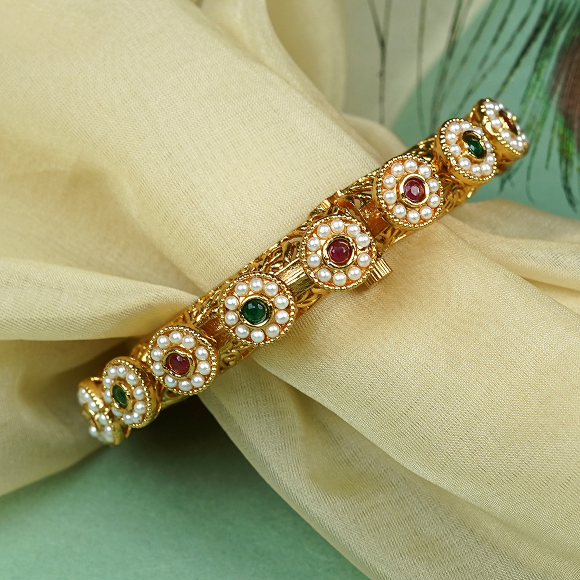 Zevar Club Set of 2 22K Gold-Plated Handcrafted Bangles with Ruby Emerald Kundan Floral & Pearl Accents