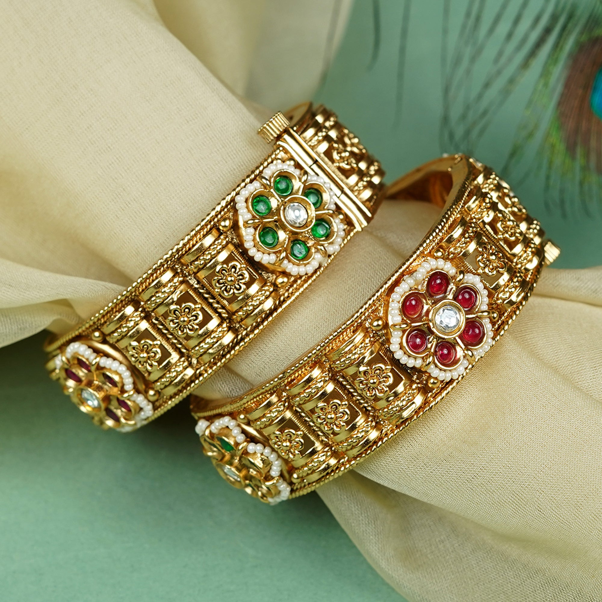 Zevar Club Set of 2 22K Gold-Plated Handcrafted Rajwadi Bangles with Ruby Red & Emerald Green Floral Kundan Motif