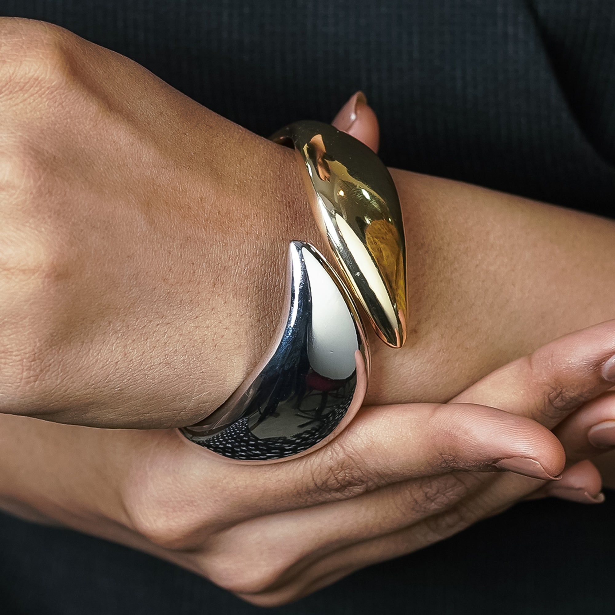 Zevar Club Gold & Silver Dual Tone Stainless Steel Tarnish Free Waterproof Glossy Curved Openable Statement Bracelet for Women