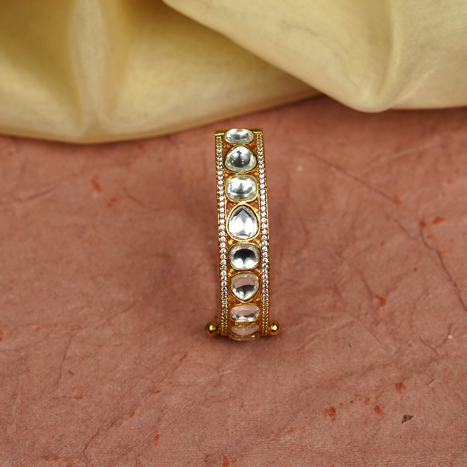 Zevar Club 22K Gold-Plated Handcrafted Kundan & Zirconia Studded Openable Bangle-Style Bracelet with Textured Mesh Design