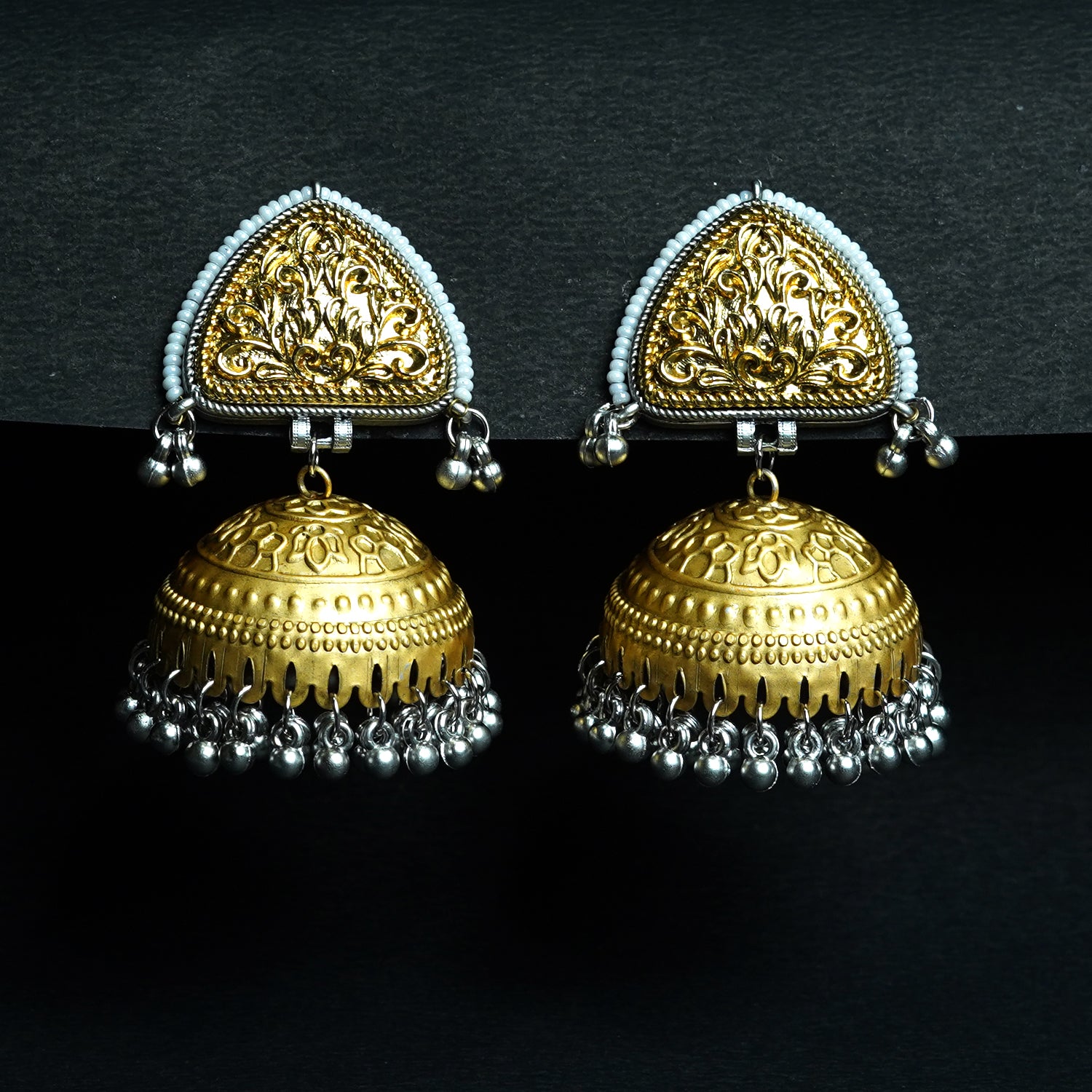 Zevar Club Oxidised Dual-Toned Silver & Gold Jhumka Earrings with Golden Ghungroo Beads