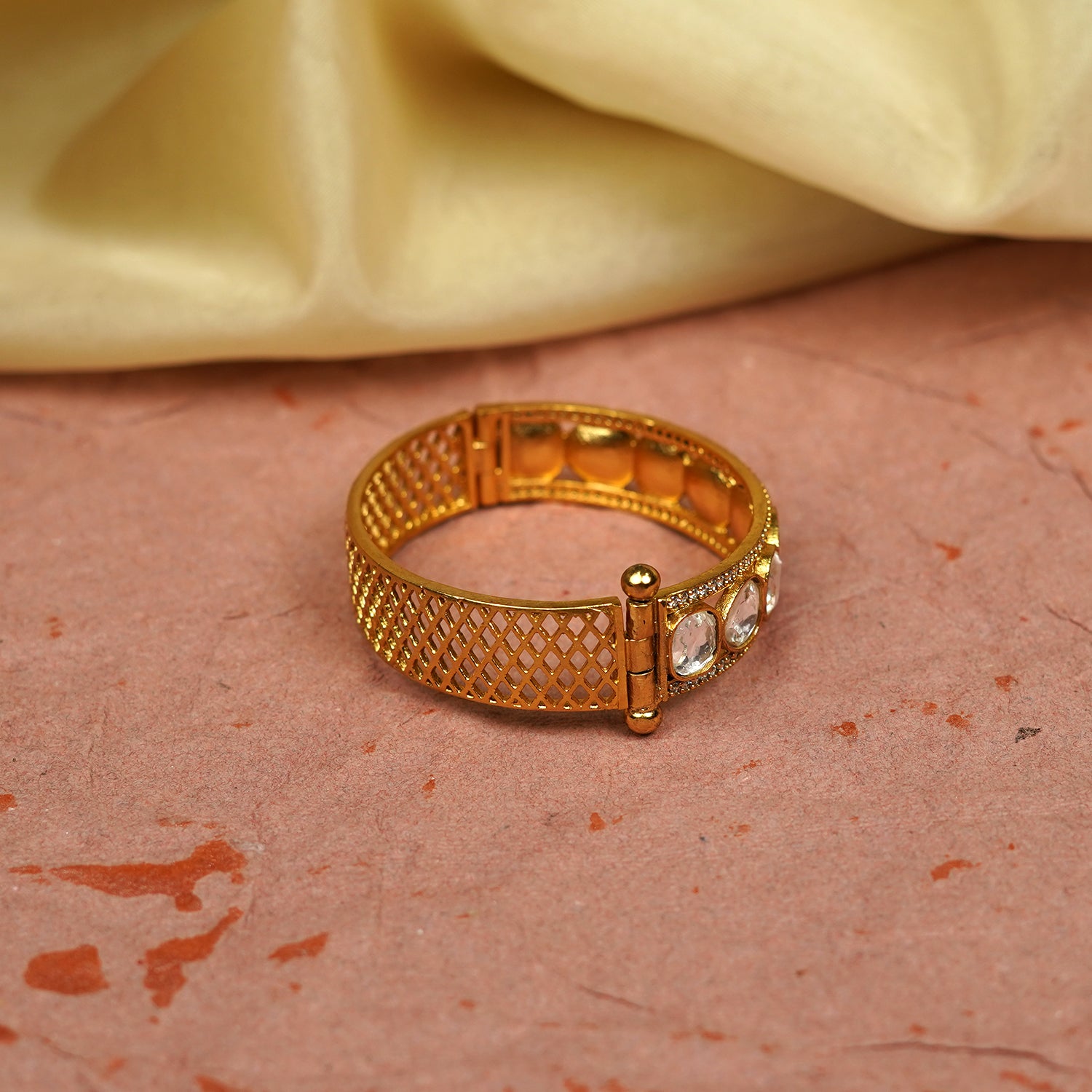 Zevar Club 22K Gold-Plated Handcrafted Kundan & Zirconia Studded Openable Bangle-Style Bracelet with Textured Mesh Design