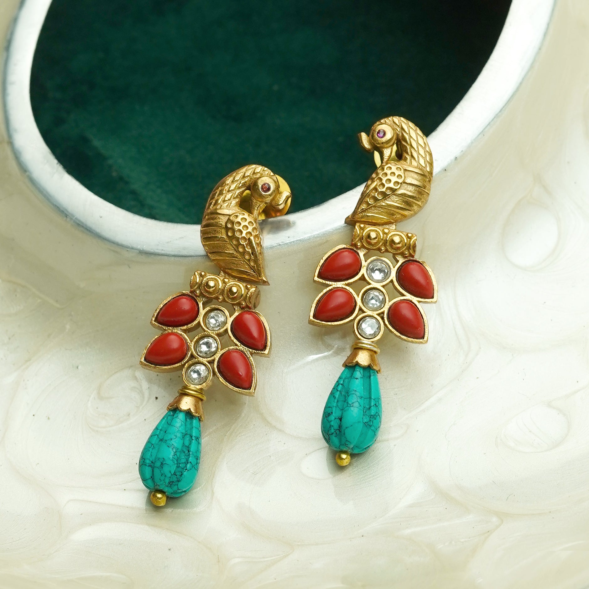 Peacock Kundan Antique Gold Drop Earrings