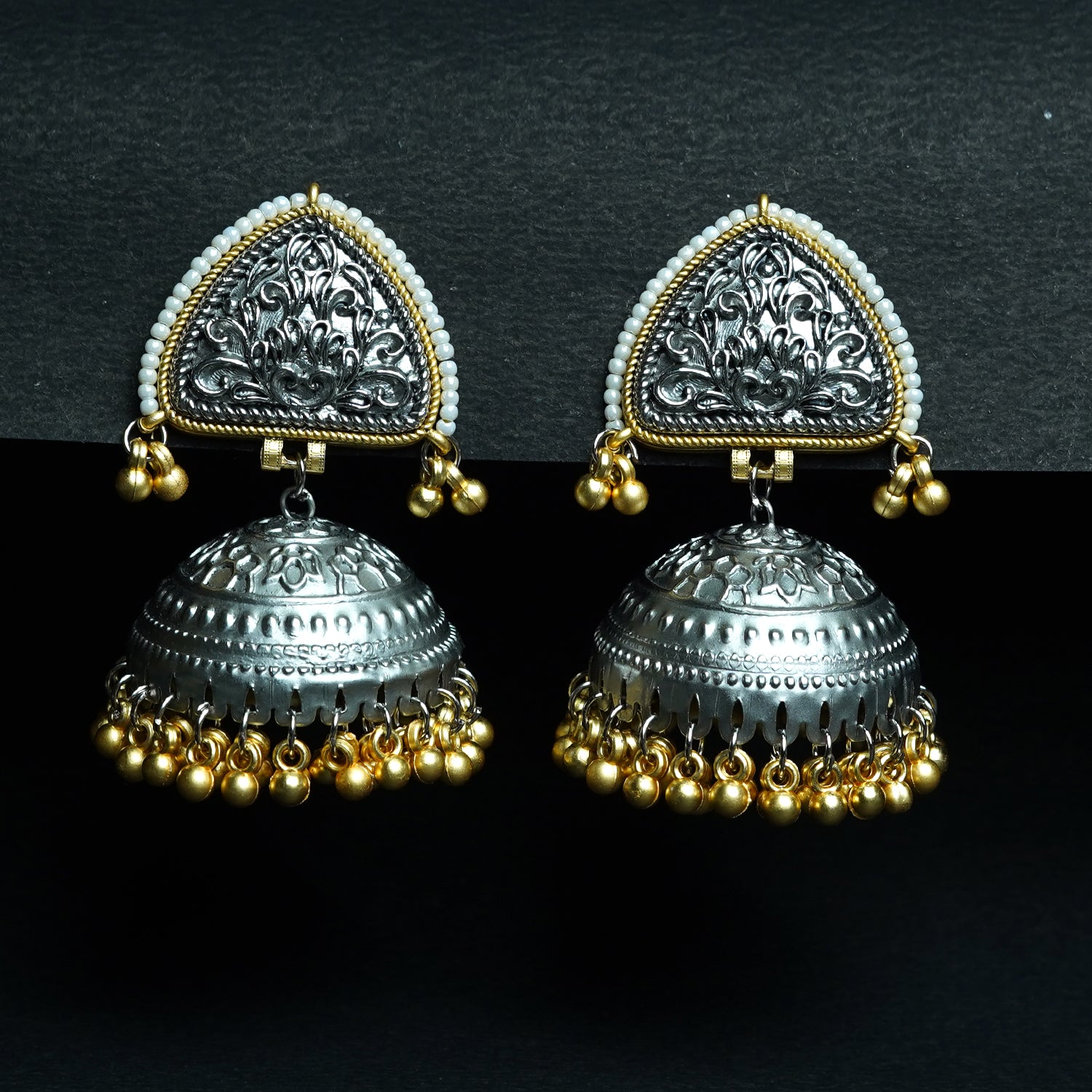 Zevar Club Oxidised Dual-Toned Gold & Silver Triangle Jhumka Earrings with Silver Ghungroo Beads