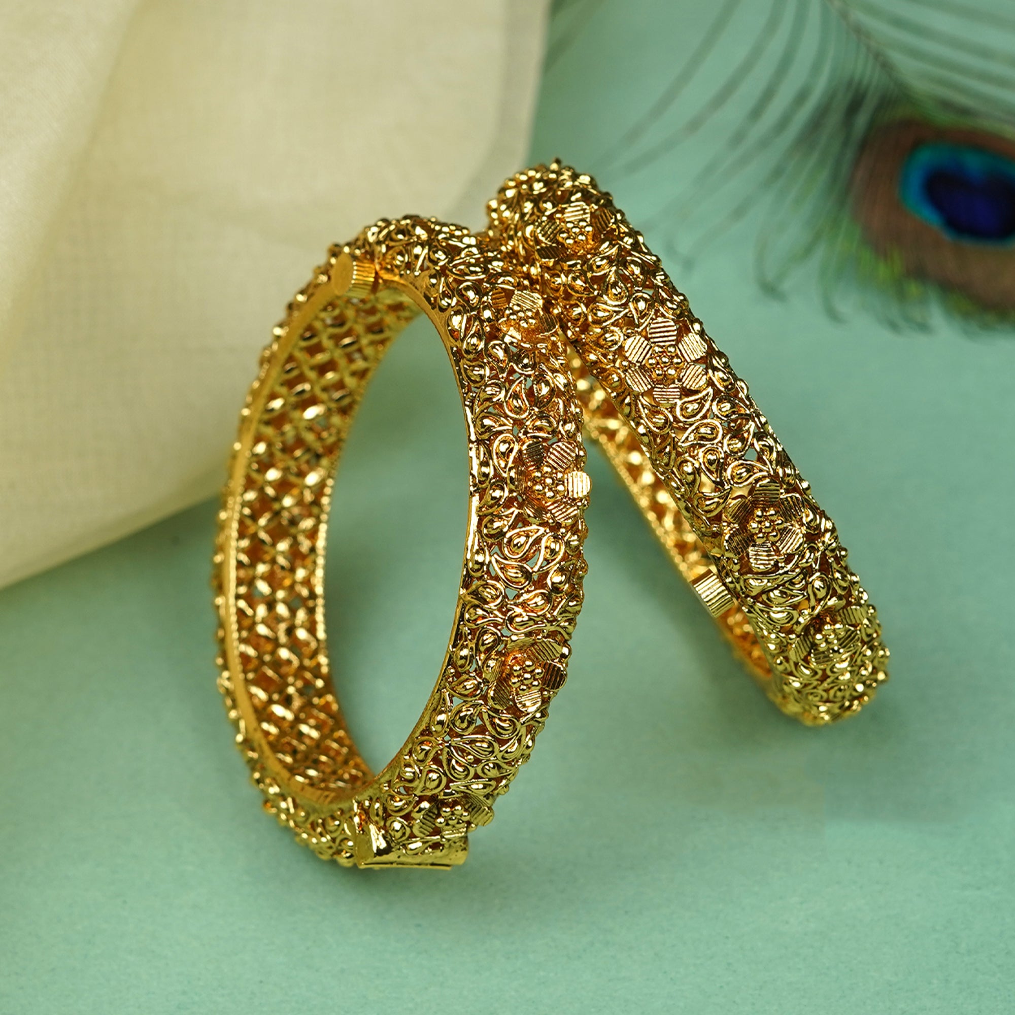 Zevar Club Set of 2 22K Gold-Plated Handcrafted Floral Design Bangles for Women