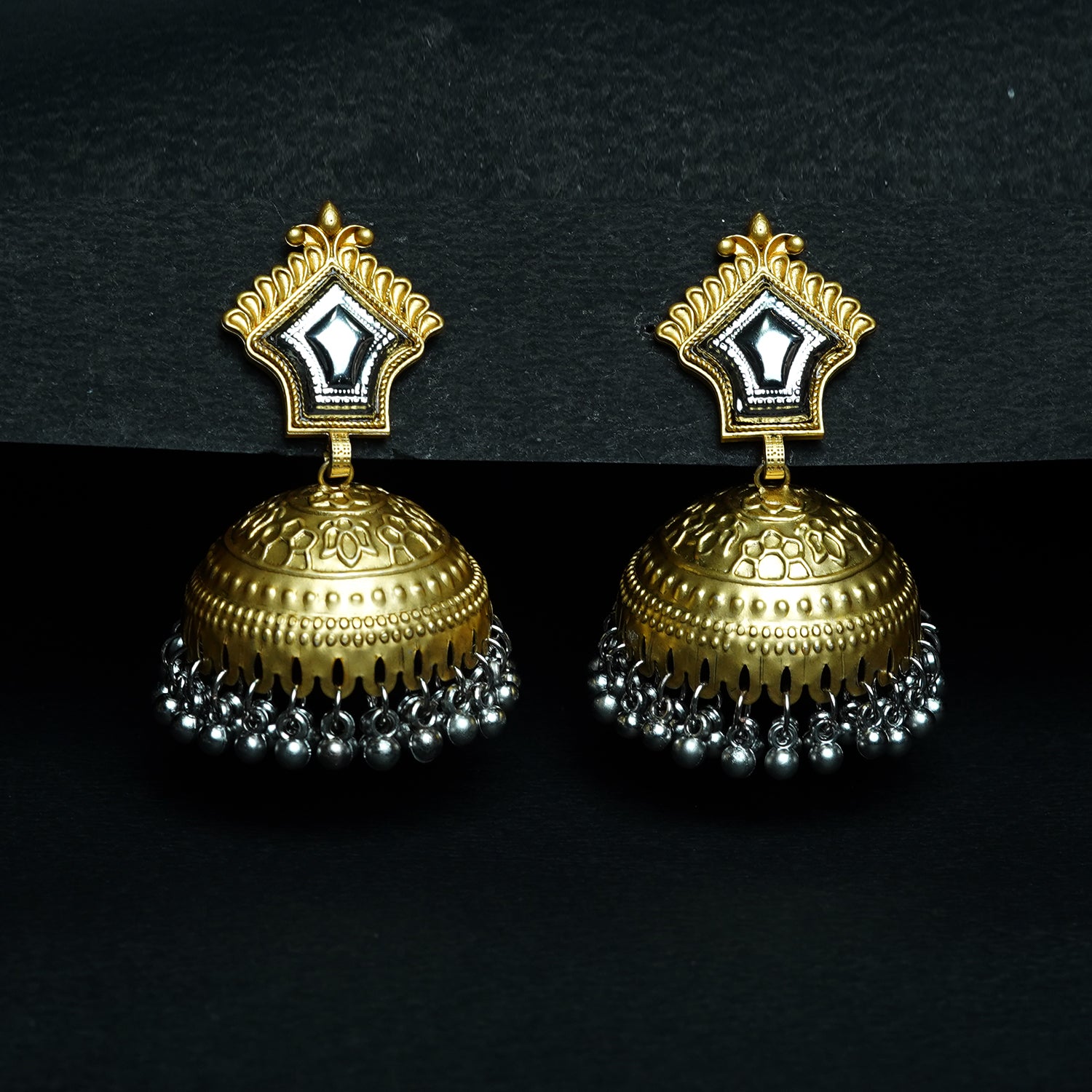 Zevar Club Oxidised Silver-Gold Tone Jhumka Earrings with Golden Beads Statement Design